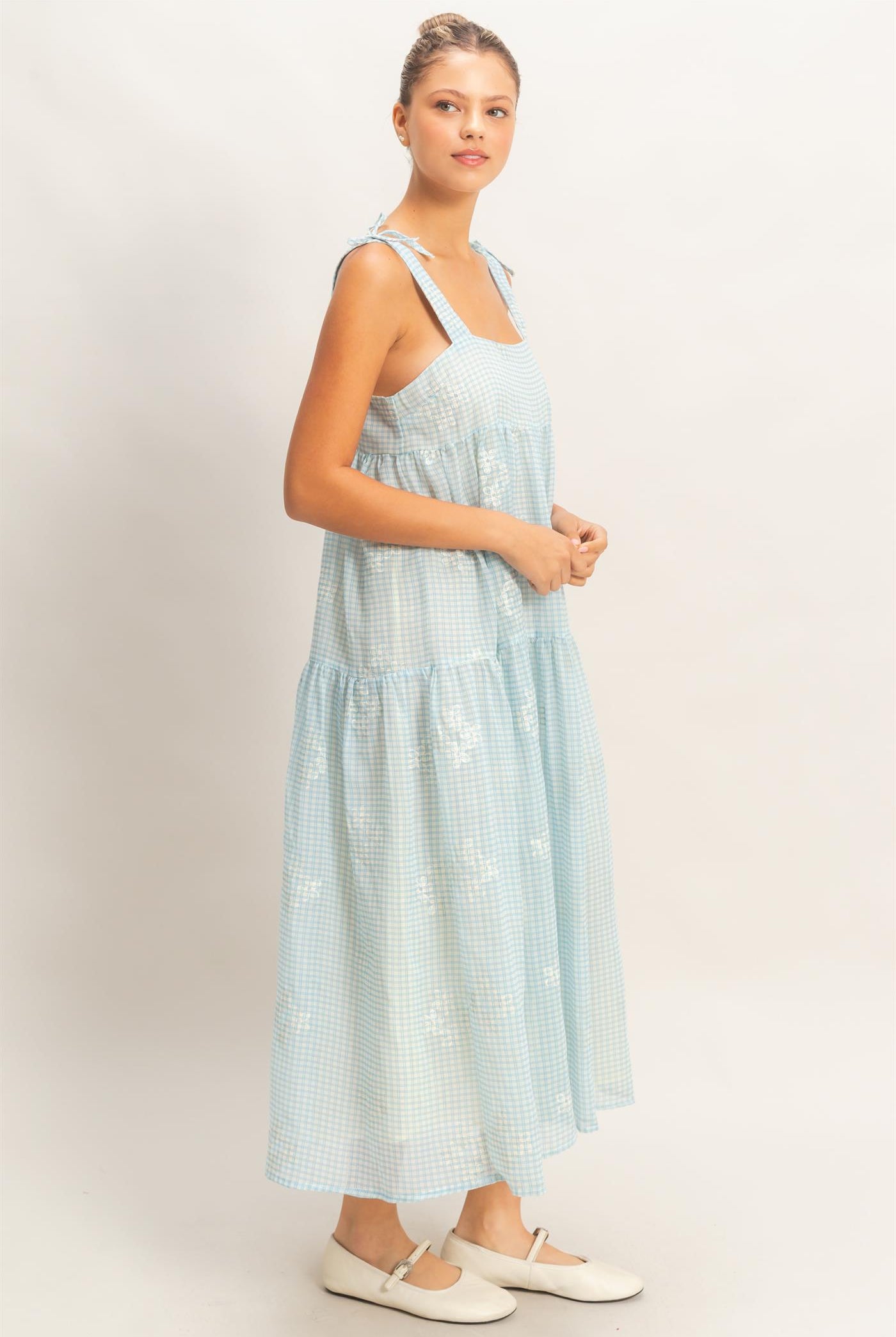 Wholesale Tiered Gingham Dress With Embroidery Dresses HF26A695 BLUE HYFVE