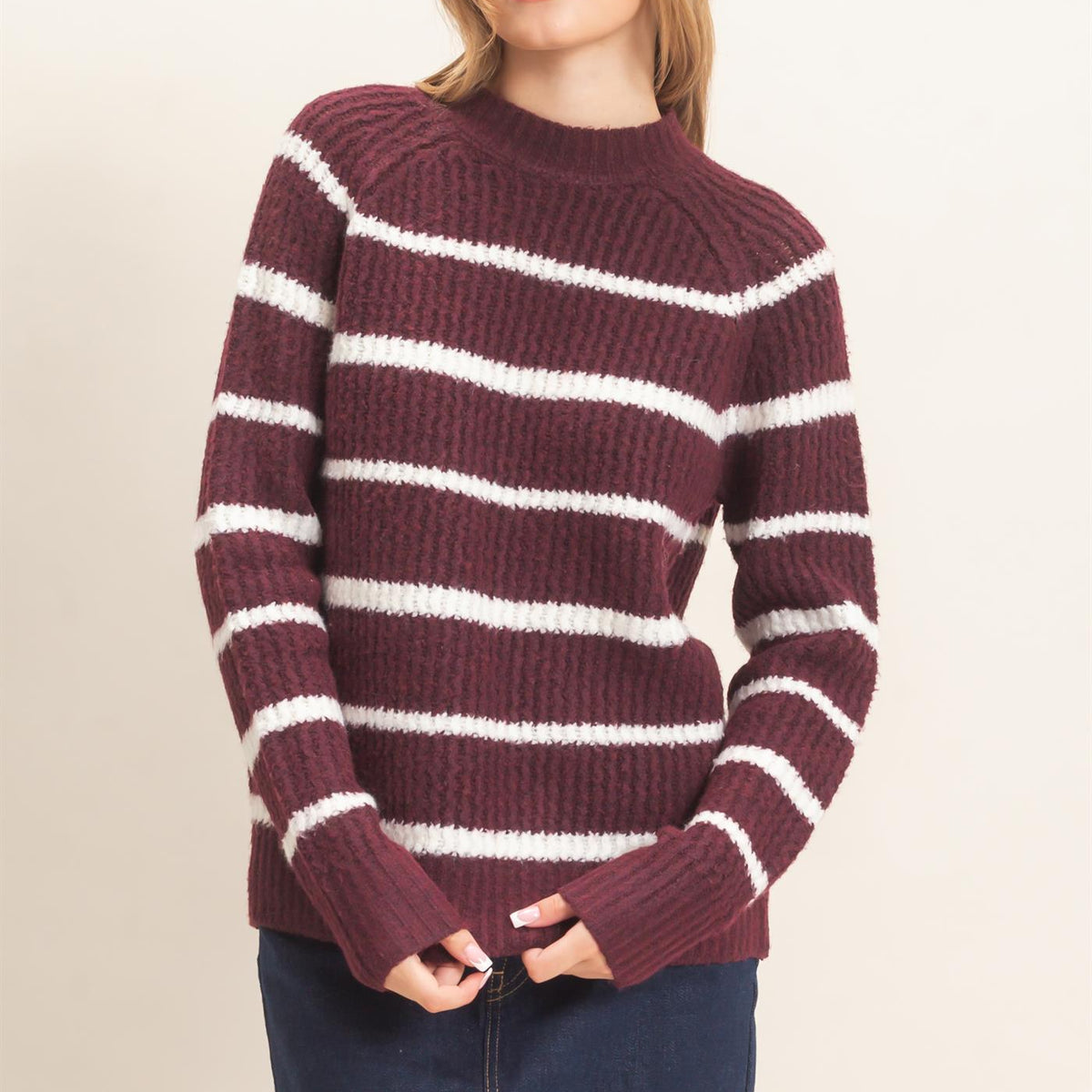 Wholesale Textured Striped Mock Neck Sweater Sweaters HF26E765 WINE HYFVE