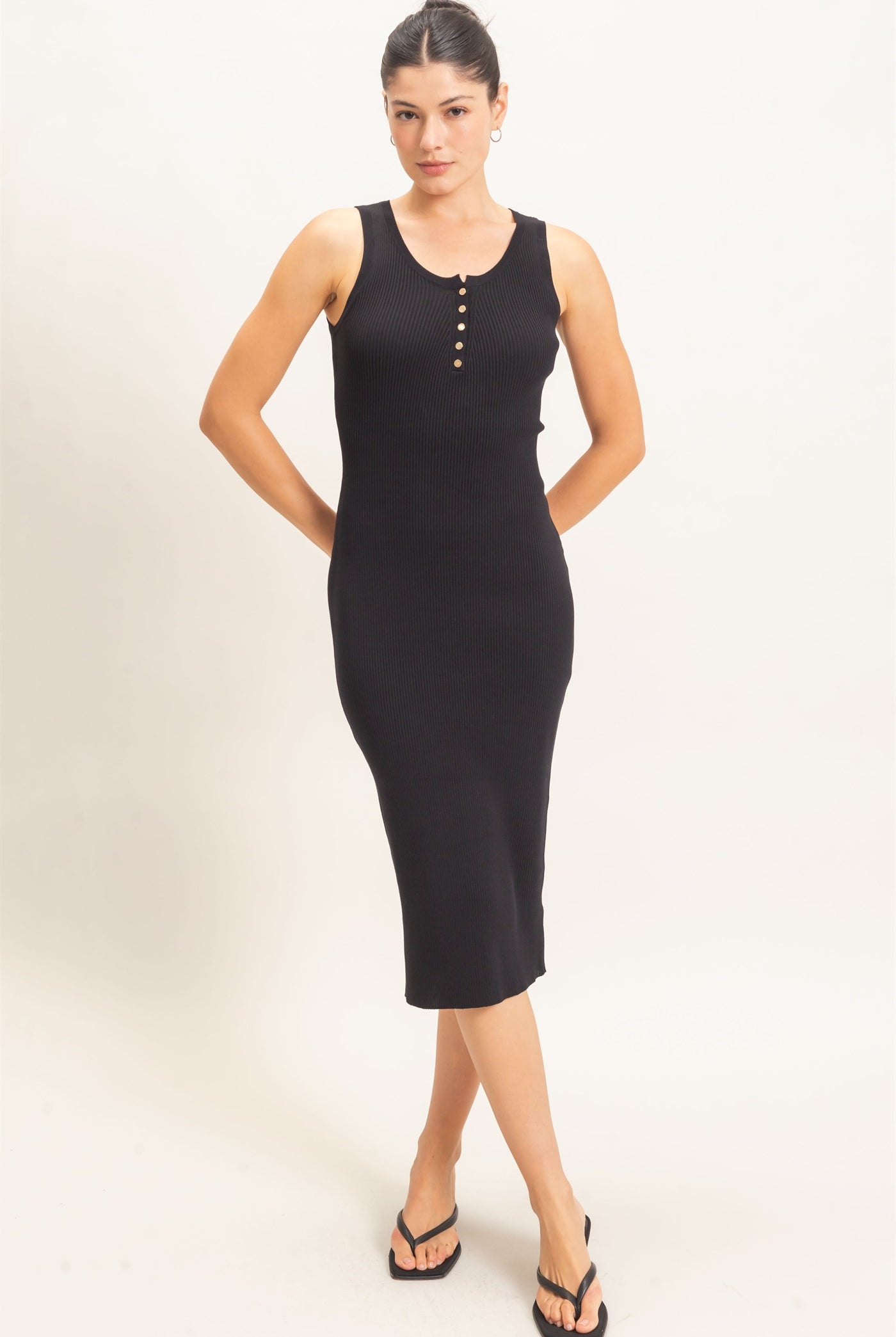 Wholesale Ribbed Button-Front Tank Dress Dresses HF26E218 BLACK HYFVE
