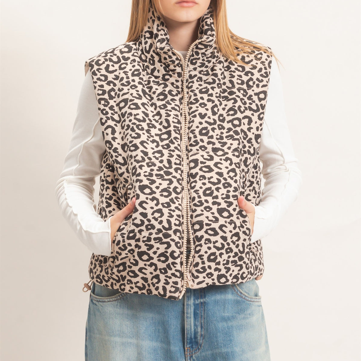 Wholesale Leopard Quilted Zip Up Puffer Vest Outerwear HF26F205 KHAKI HYFVE