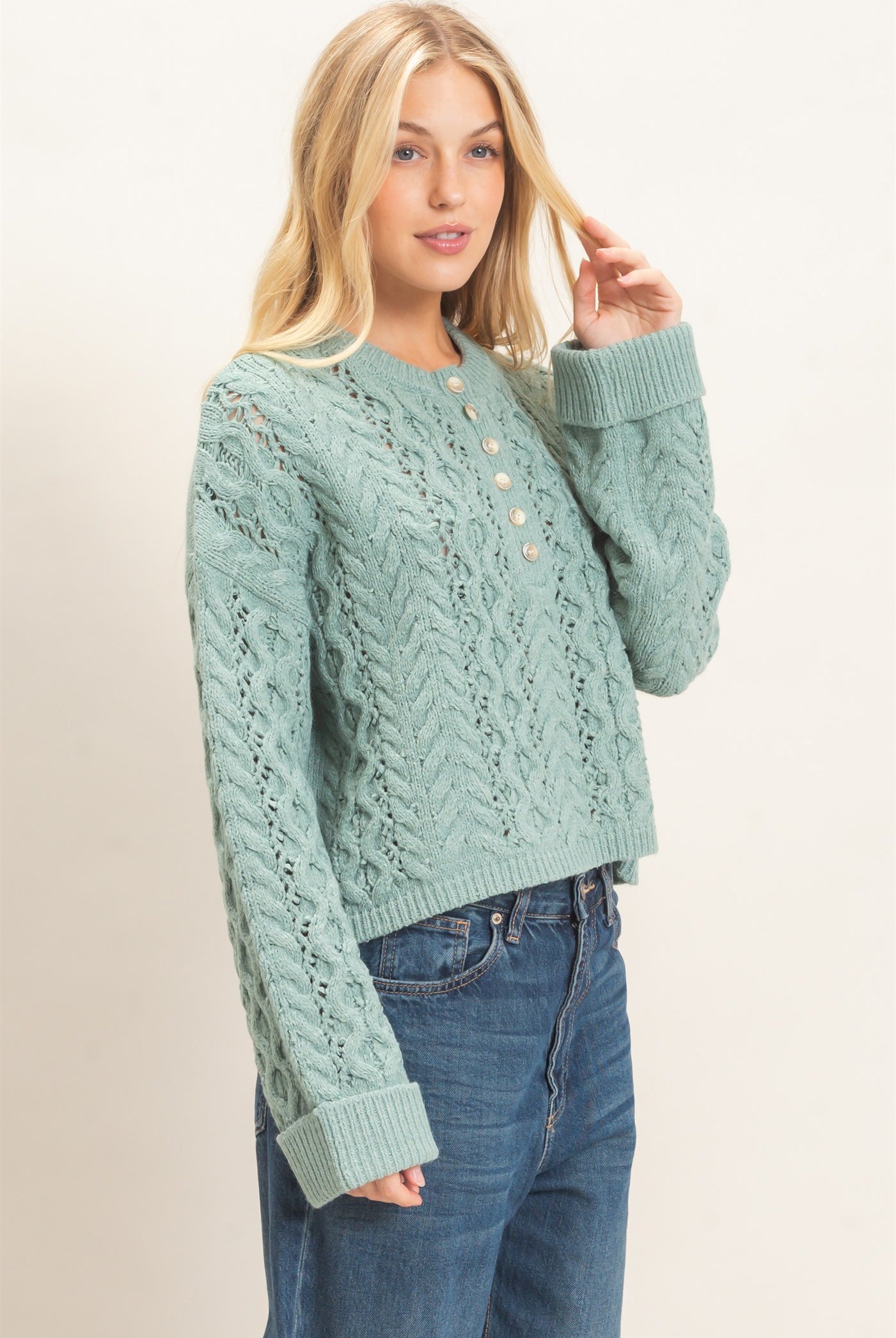 Wholesale Cable Knit Henley Sweaters HF26E552 CALMING GREEN HYFVE