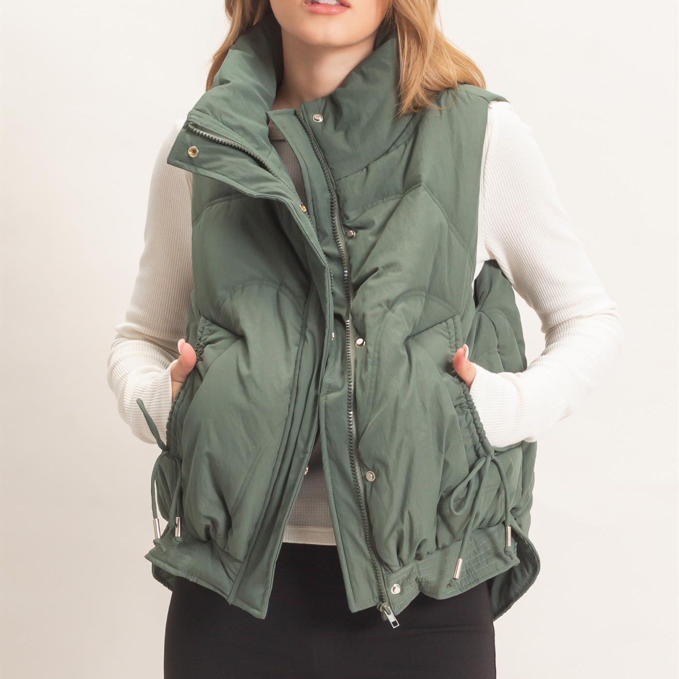 Wholesale Quilted Funnel Neck Puffer Vest Vests HF26F168 H.GREEN HYFVE