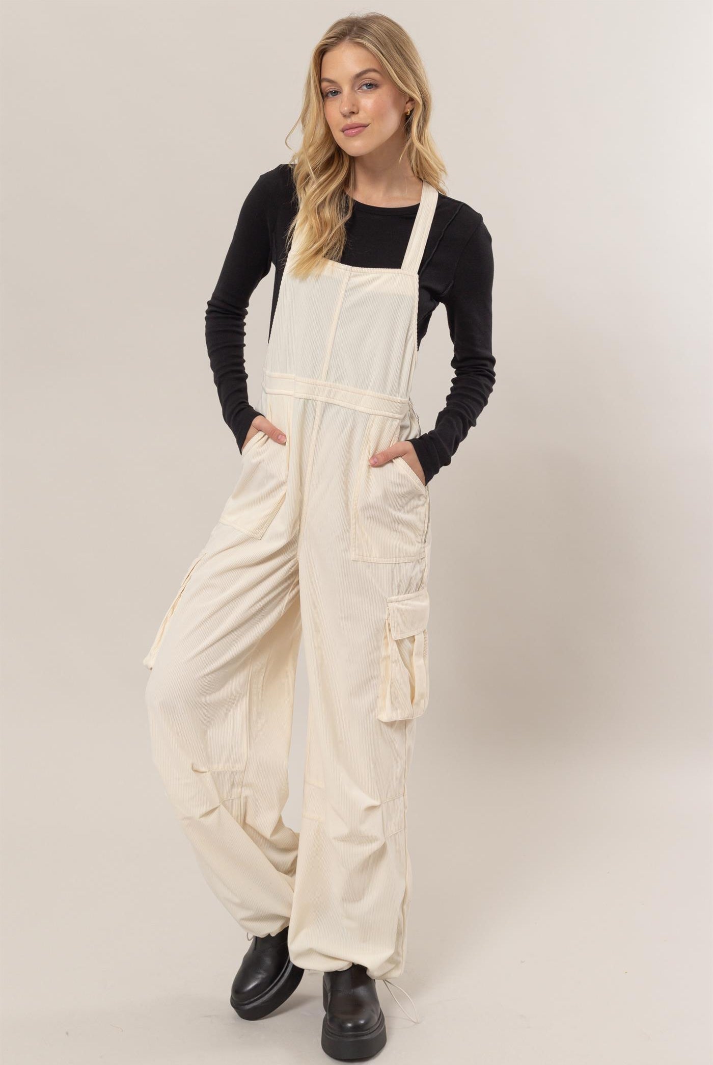 Wholesale Corduroy Cargo Overalls Clothing HF24F288 CREAM HYFVE