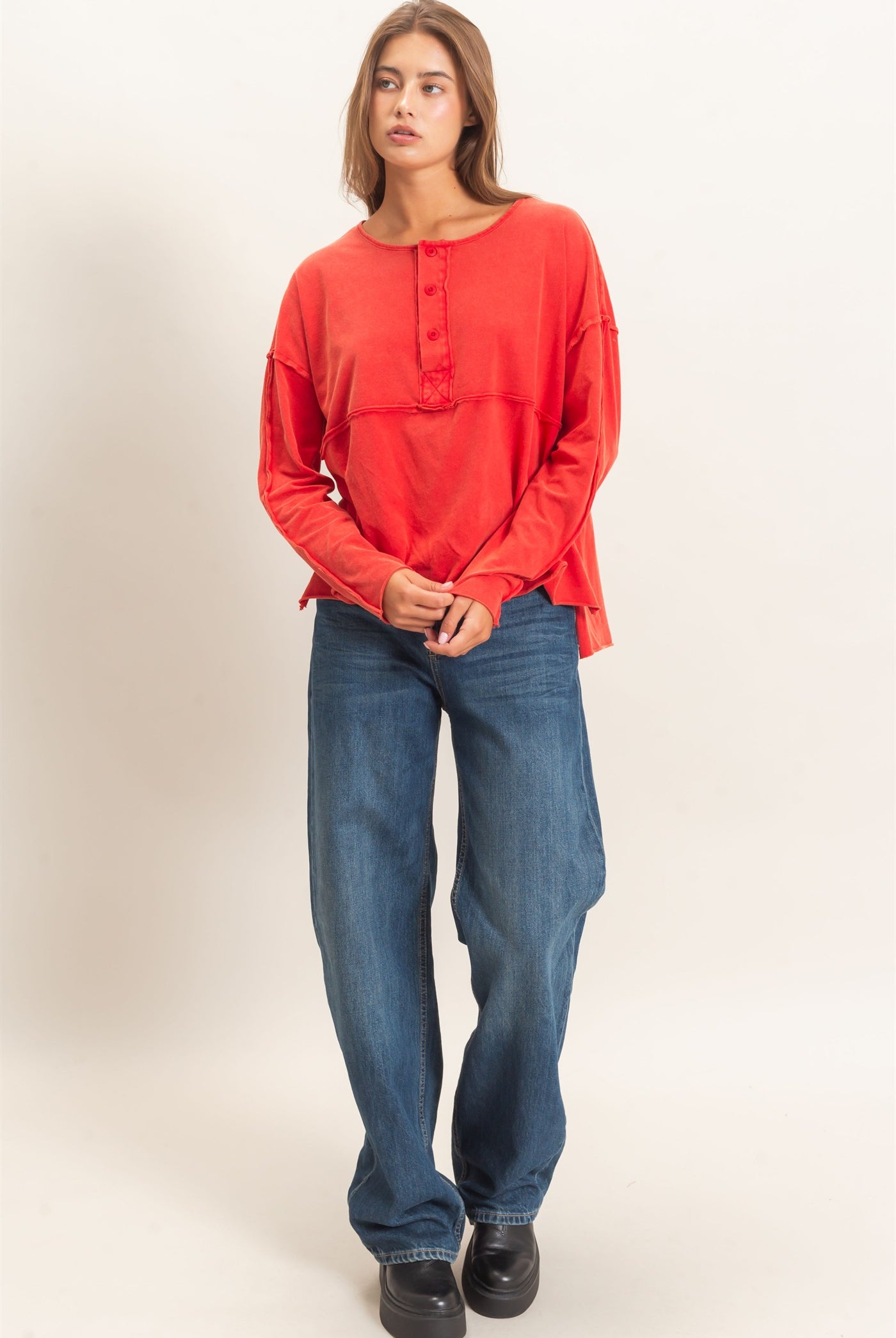 Wholesale Oversized Henley Top With Raw Edges Clothing Tops DZ26F128 RED DOUBLE ZERO