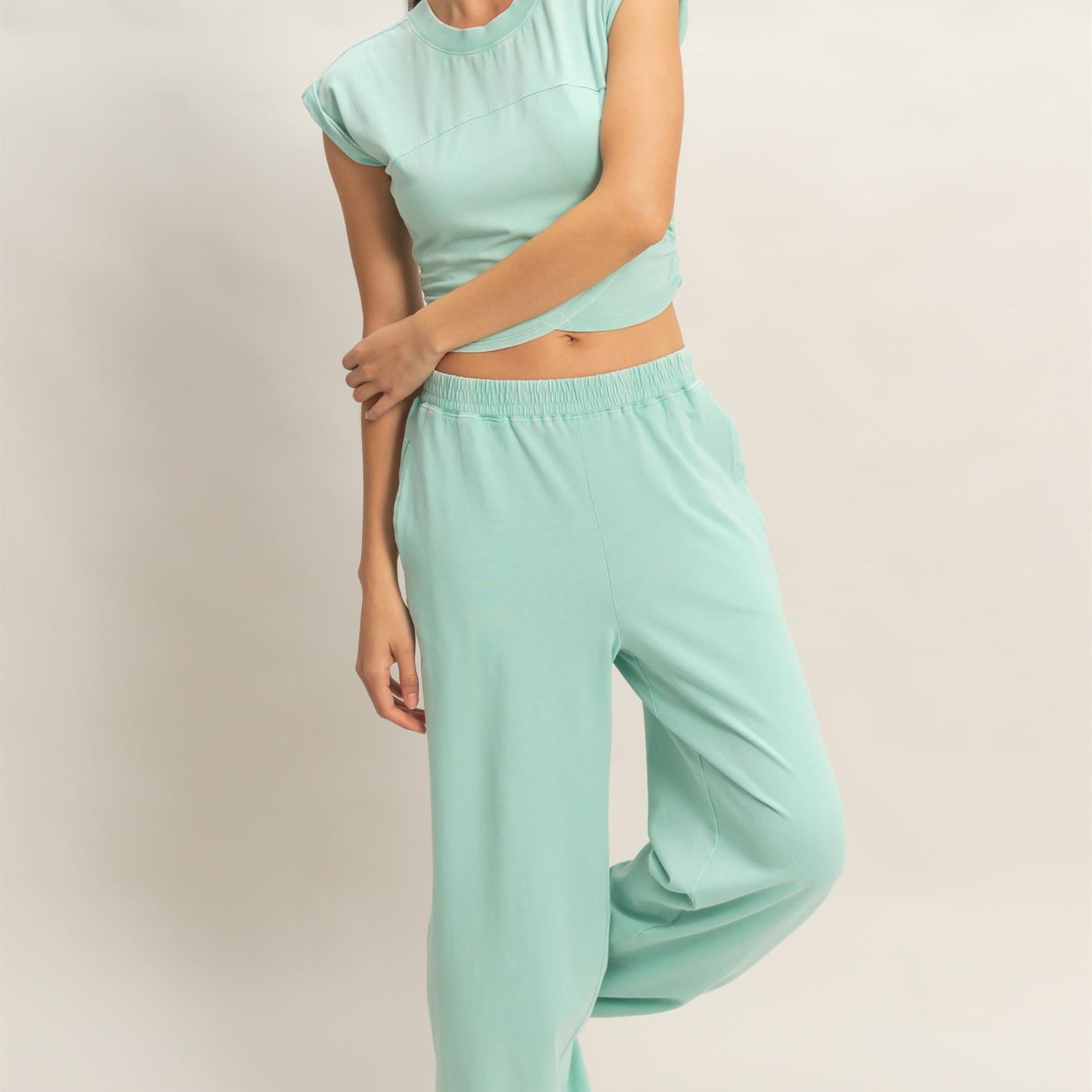 Wholesale Rolled Sleeve Wrap-Front Crop Top And Jogger Set Clothing DZ26A172-SET TURQUOISE DOUBLE ZERO