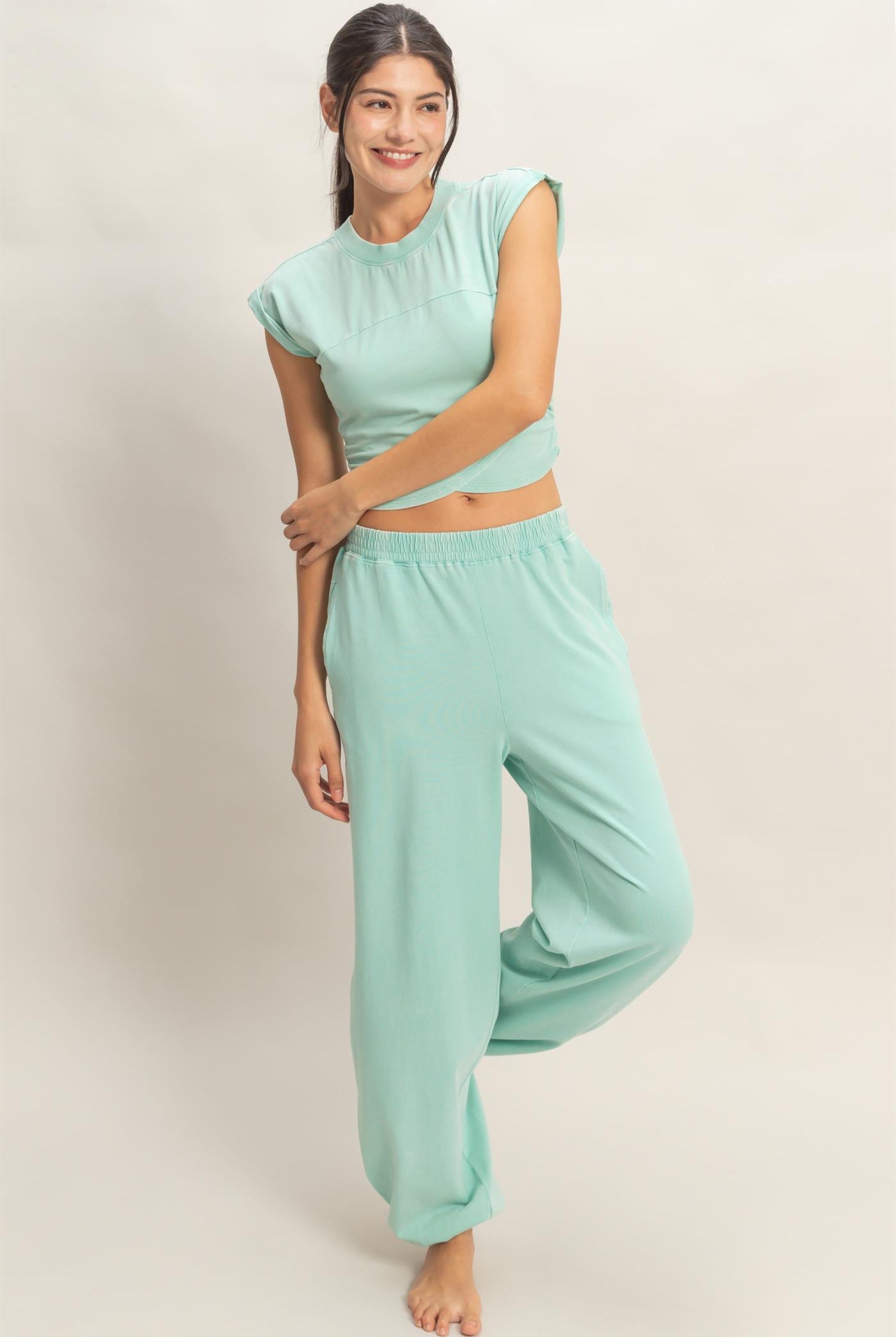 Wholesale Rolled Sleeve Wrap-Front Crop Top And Jogger Set Clothing DZ26A172-SET TURQUOISE DOUBLE ZERO
