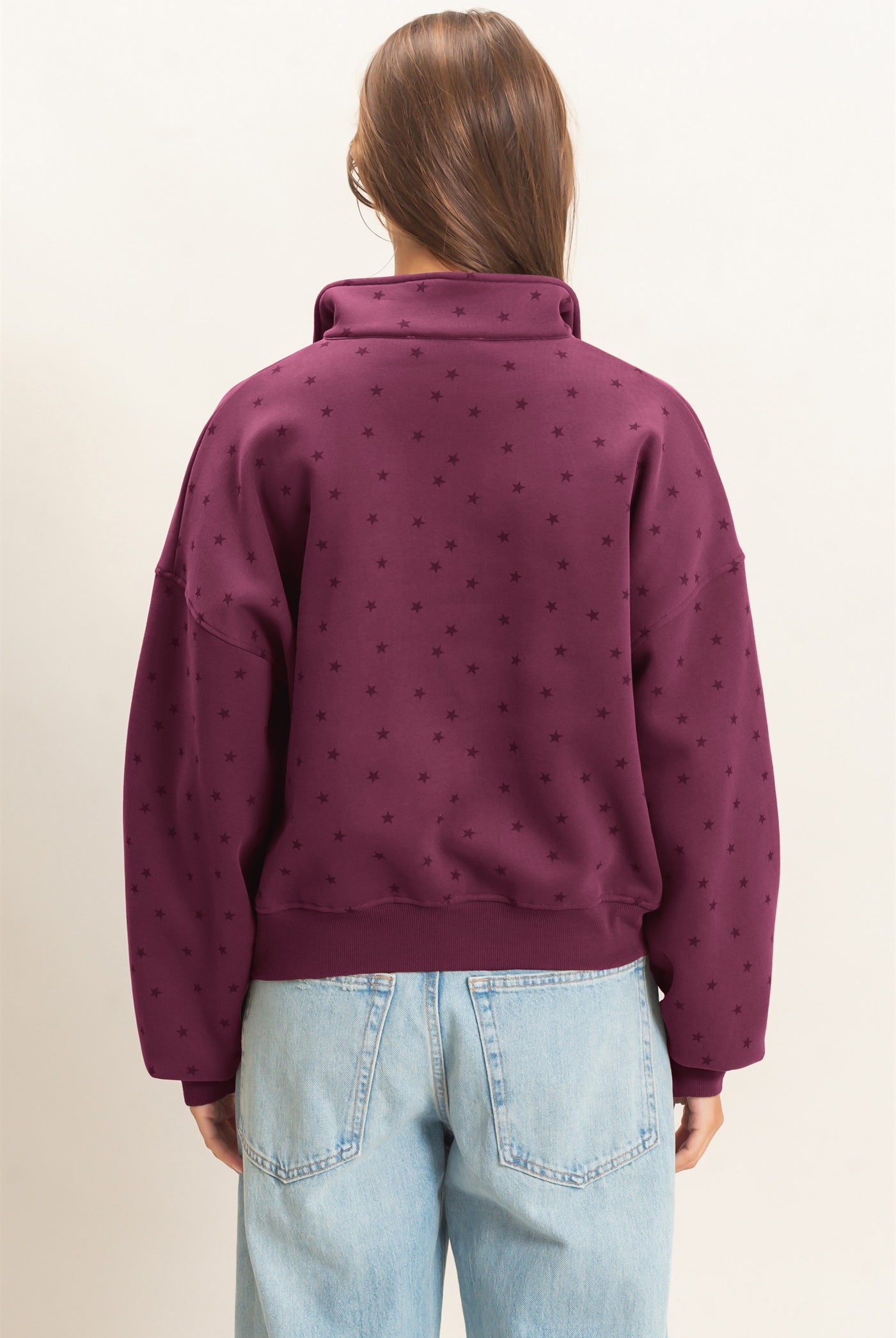 Wholesale Star Print Half Zip Sweatshirt Sweatshirts DZ26E245 DARK CHERRY DOUBLE ZERO