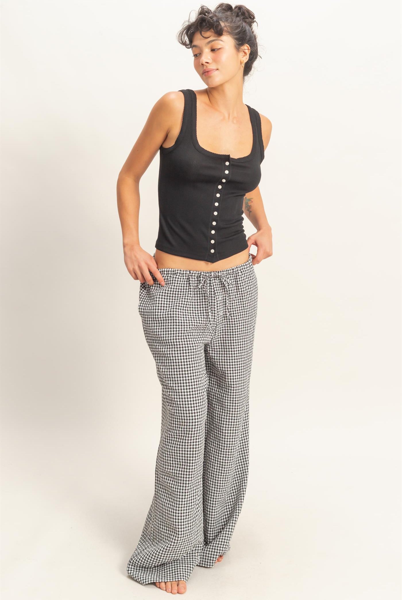 Wholesale Gingham Drawstring Wide-Leg Pants Pants DZ26C202 BLACK DOUBLE ZERO