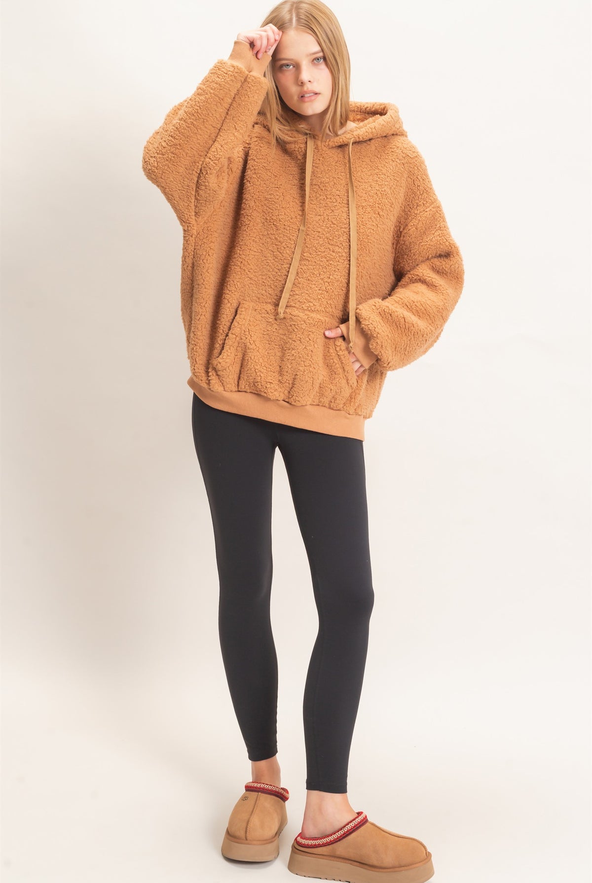 Wholesale Plush Sherpa Pullover Hoodie Hoodies HF26F289 CAMEL HYFVE