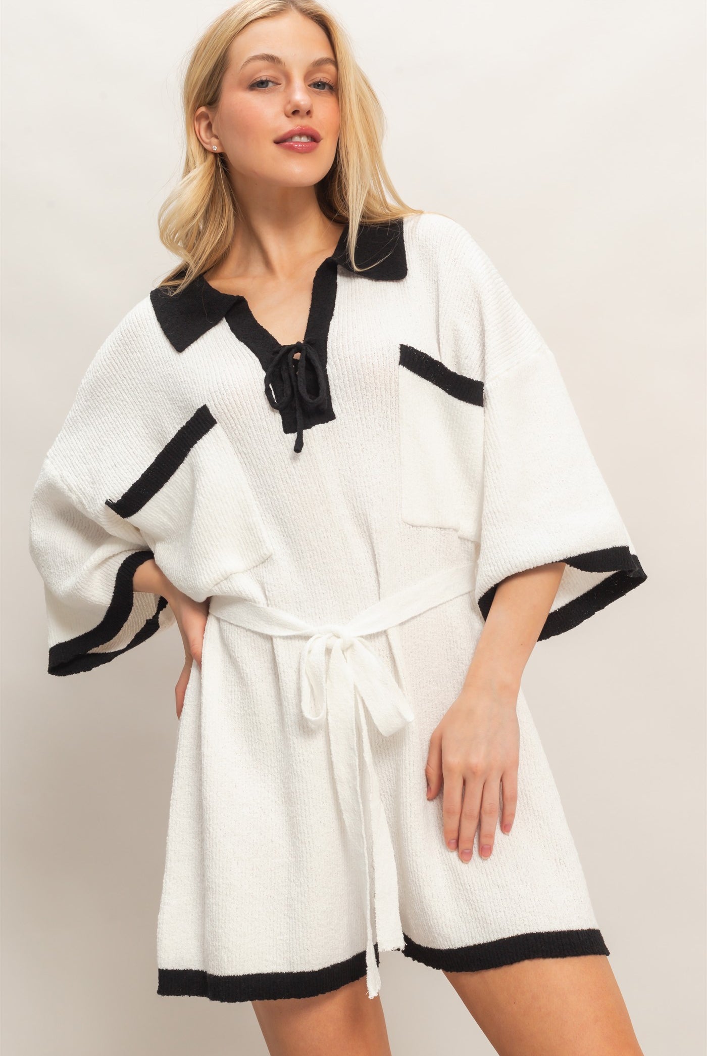 Wholesale Knit Romper With Contrast Tie Clothing HF26A408 OFF WHITE HYFVE