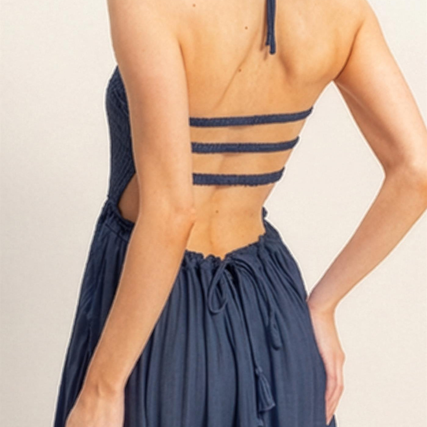 Wholesale Smocked Halter Maxi Dress Dresses HF26C290-D DARK NAVY HYFVE