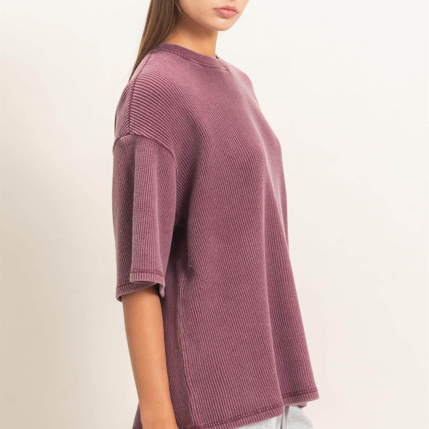Wholesale Mineral Wash Waffle Crew Neck Short Sleeve Top Clothing Tops DZ26E328 DARK CHERRY DOUBLE ZERO
