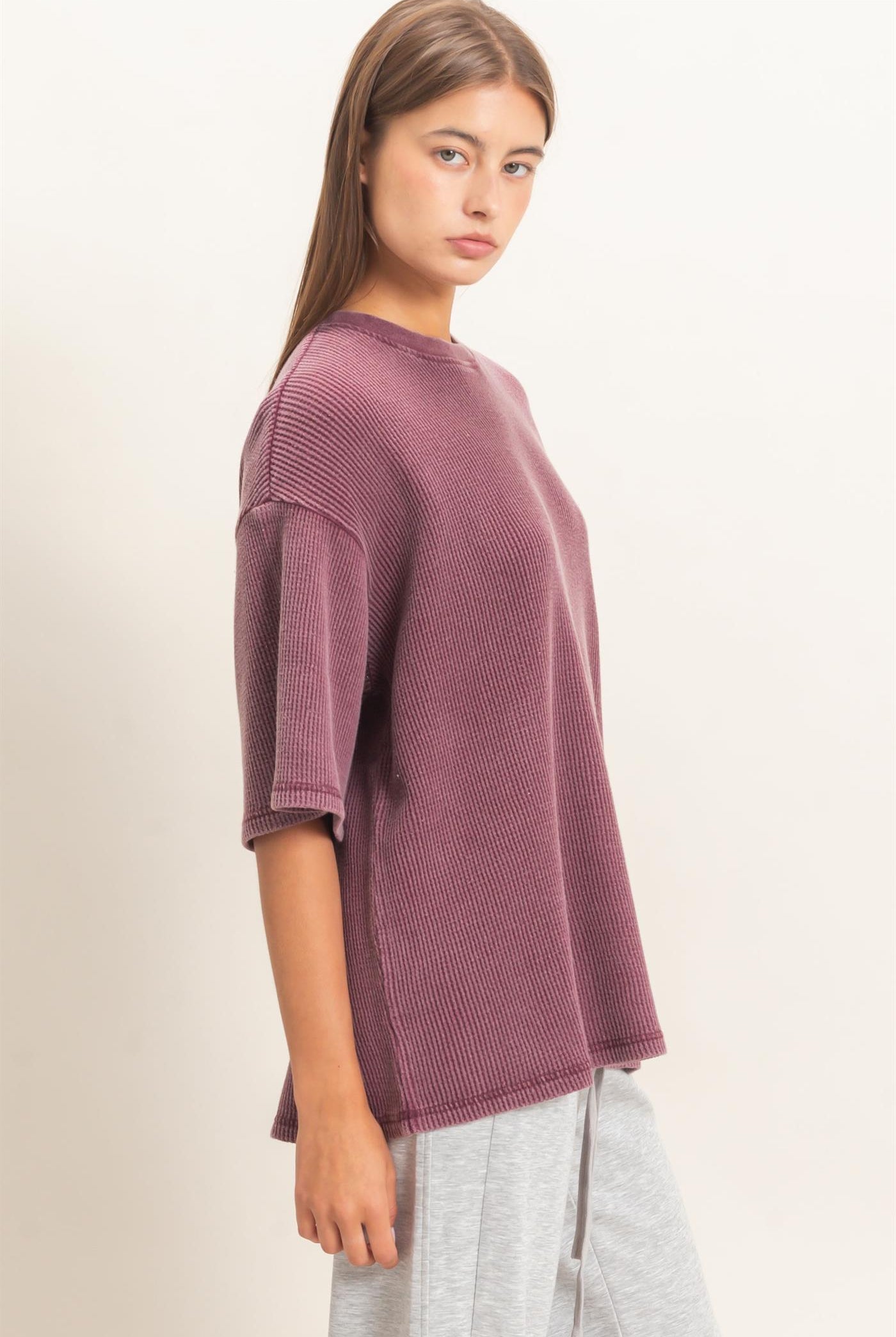Wholesale Mineral Wash Waffle Crew Neck Short Sleeve Top Clothing Tops DZ26E328 DARK CHERRY DOUBLE ZERO