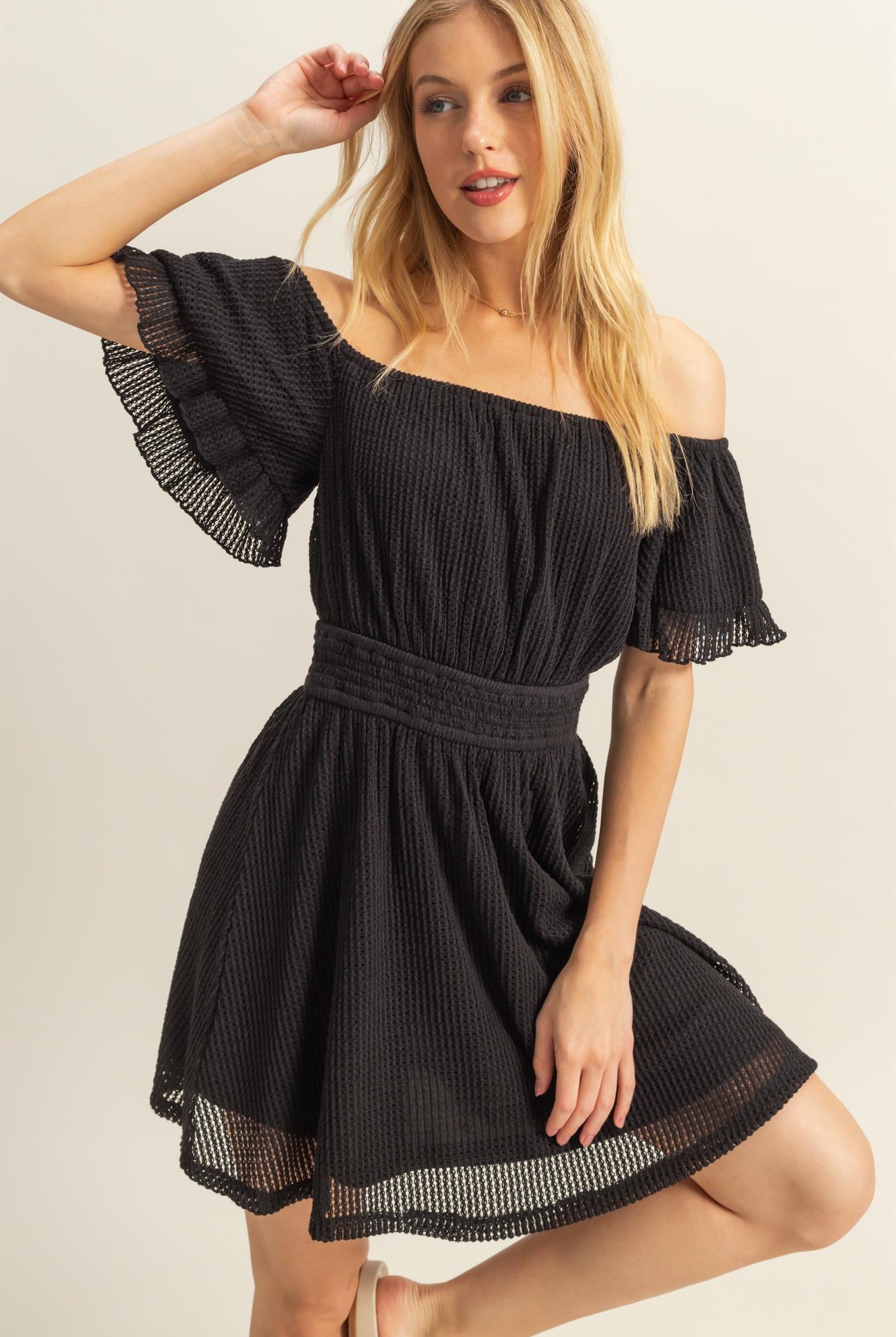 Wholesale Crochet Off-The-Shoulder Mini Dress Dresses HF25E125 BLACK HYFVE