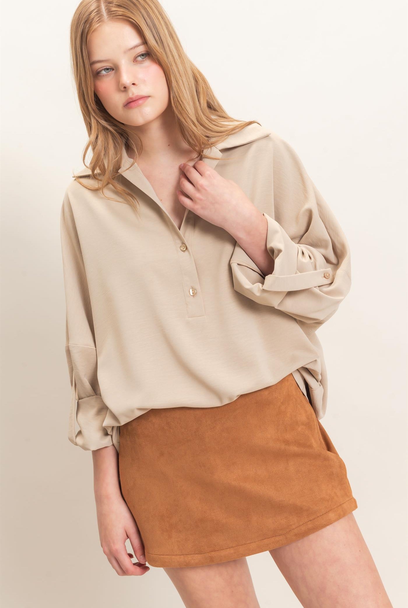 Wholesale Buttoned Collar Split Sleeve Top Clothing Tops HF26F071 BEIGE HYFVE