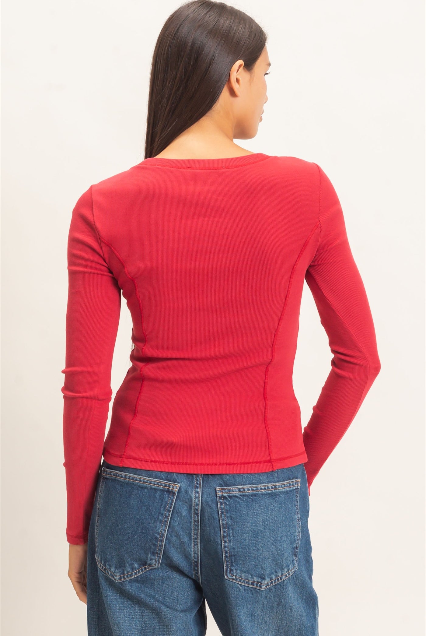 Wholesale Pigment Dye Seam Detail Scoop Neck Top Clothing Tops DZ26E242 DARK RED DOUBLE ZERO