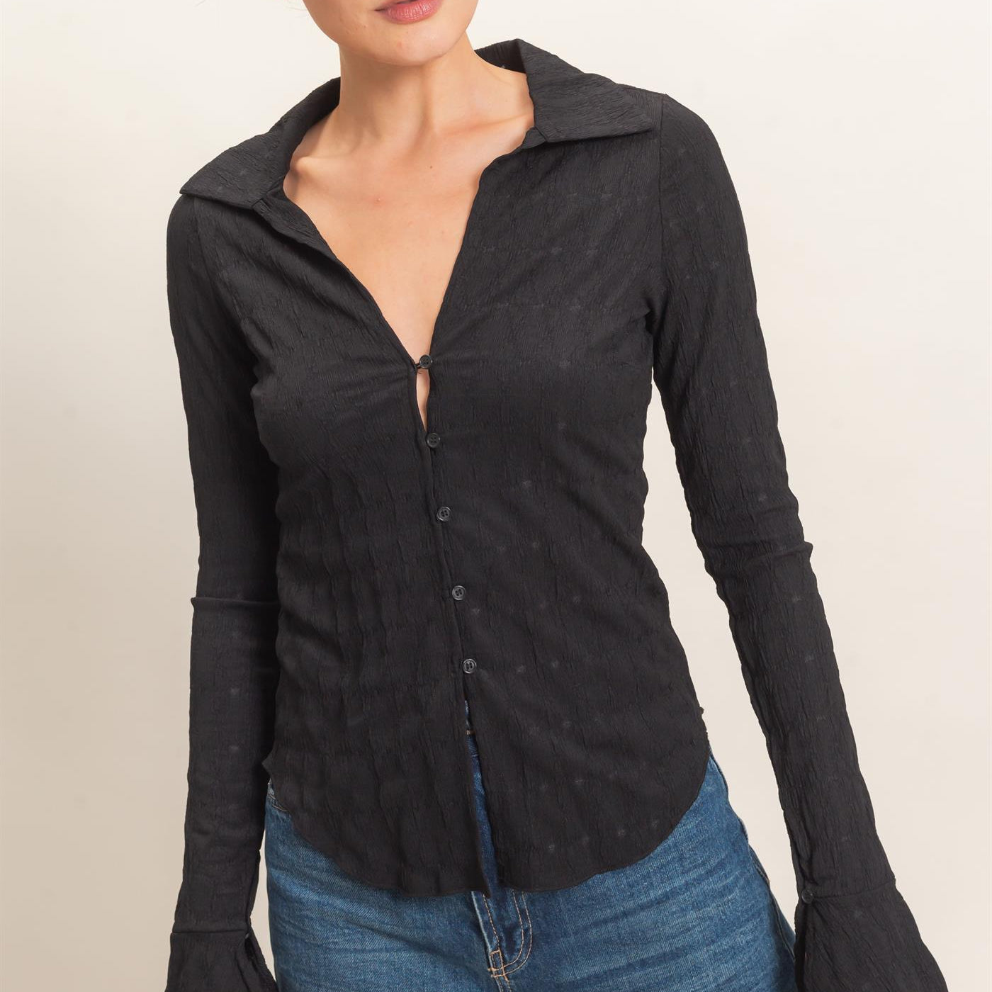 Wholesale Textured Button-Up Collared Top Shirts HF26E062 BLACK HYFVE