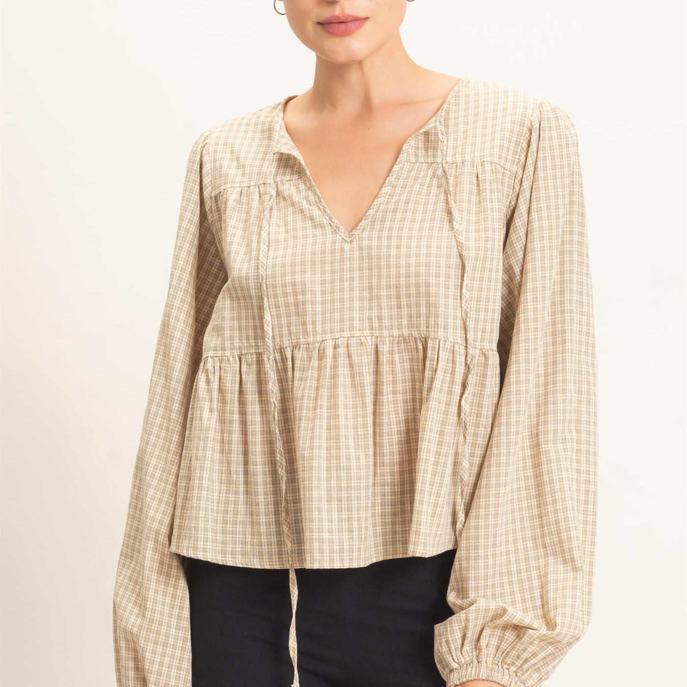 Wholesale Checkered Tie Neck Top Clothing Tops HF26E732 CREAM HYFVE