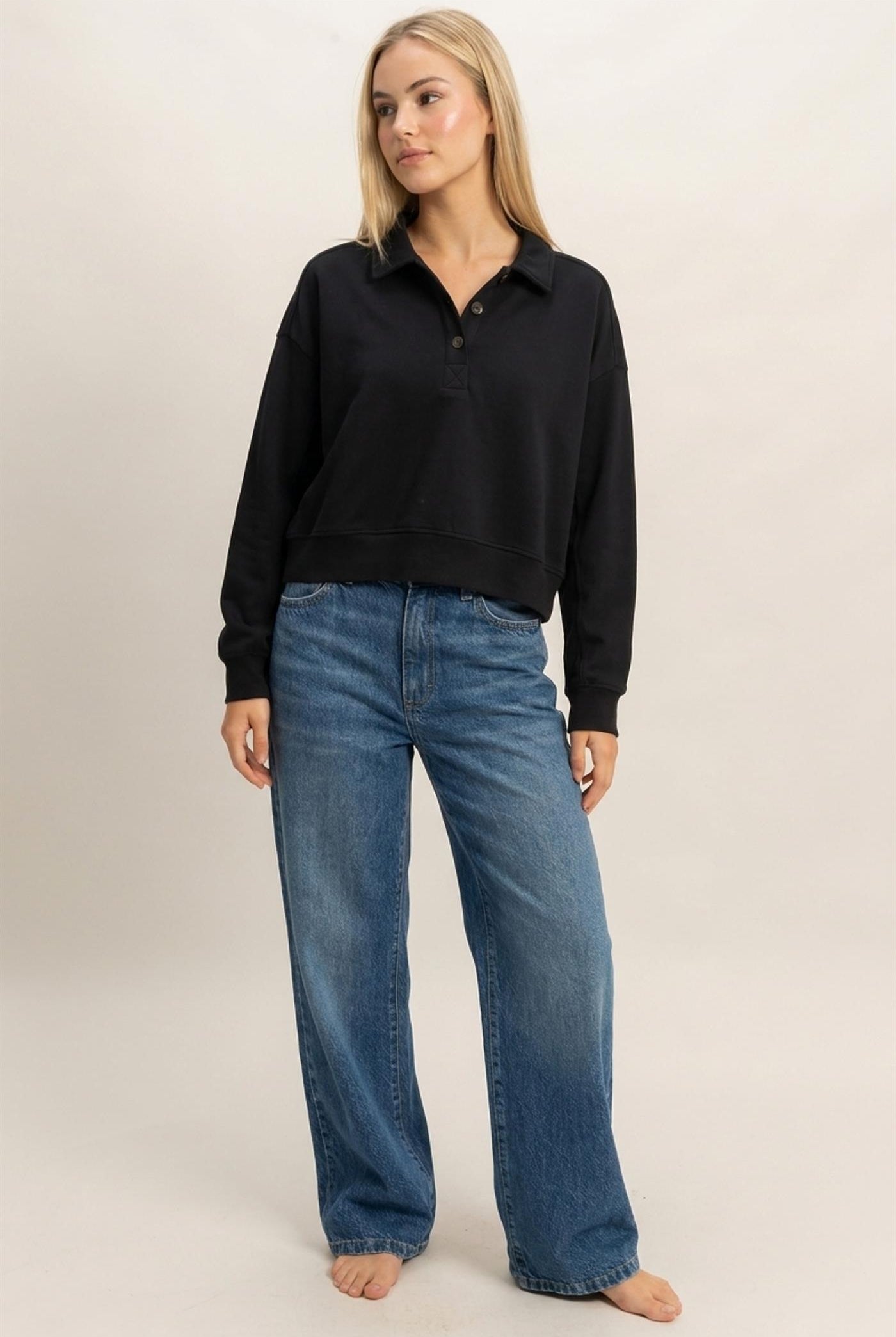 Wholesale Washed Button-Front Collared Sweatshirt Sweatshirts DZ26E390 BLACK DOUBLE ZERO