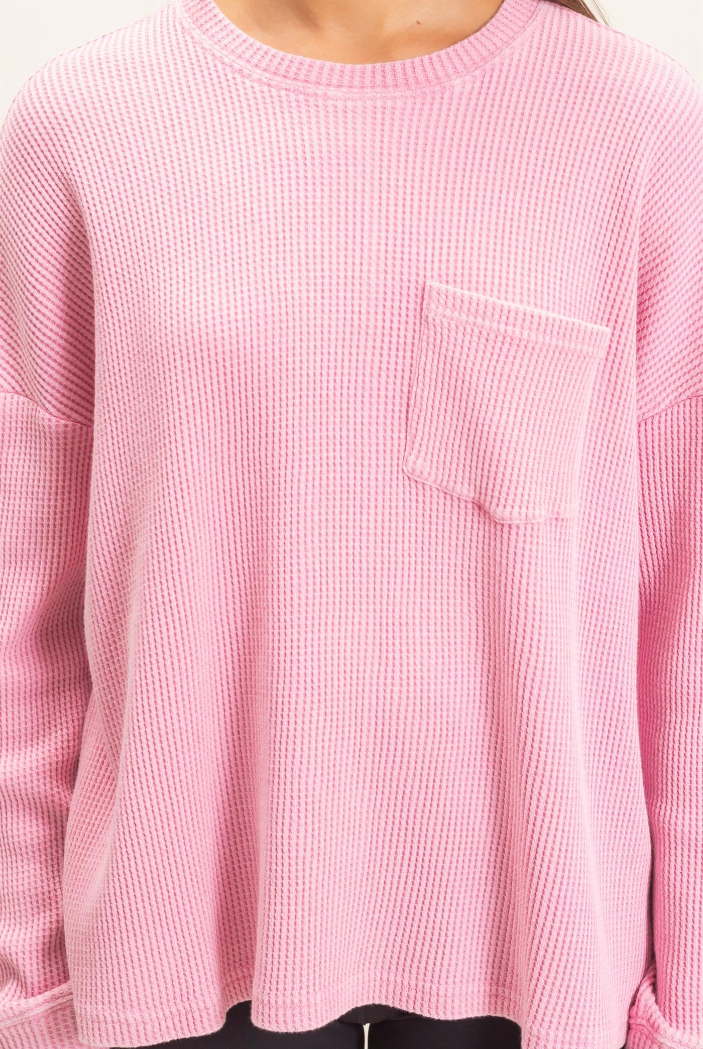 Wholesale Mineral Wash Waffle Long Sleeve Top Clothing Tops DZ26F242 PINK DOUBLE ZERO