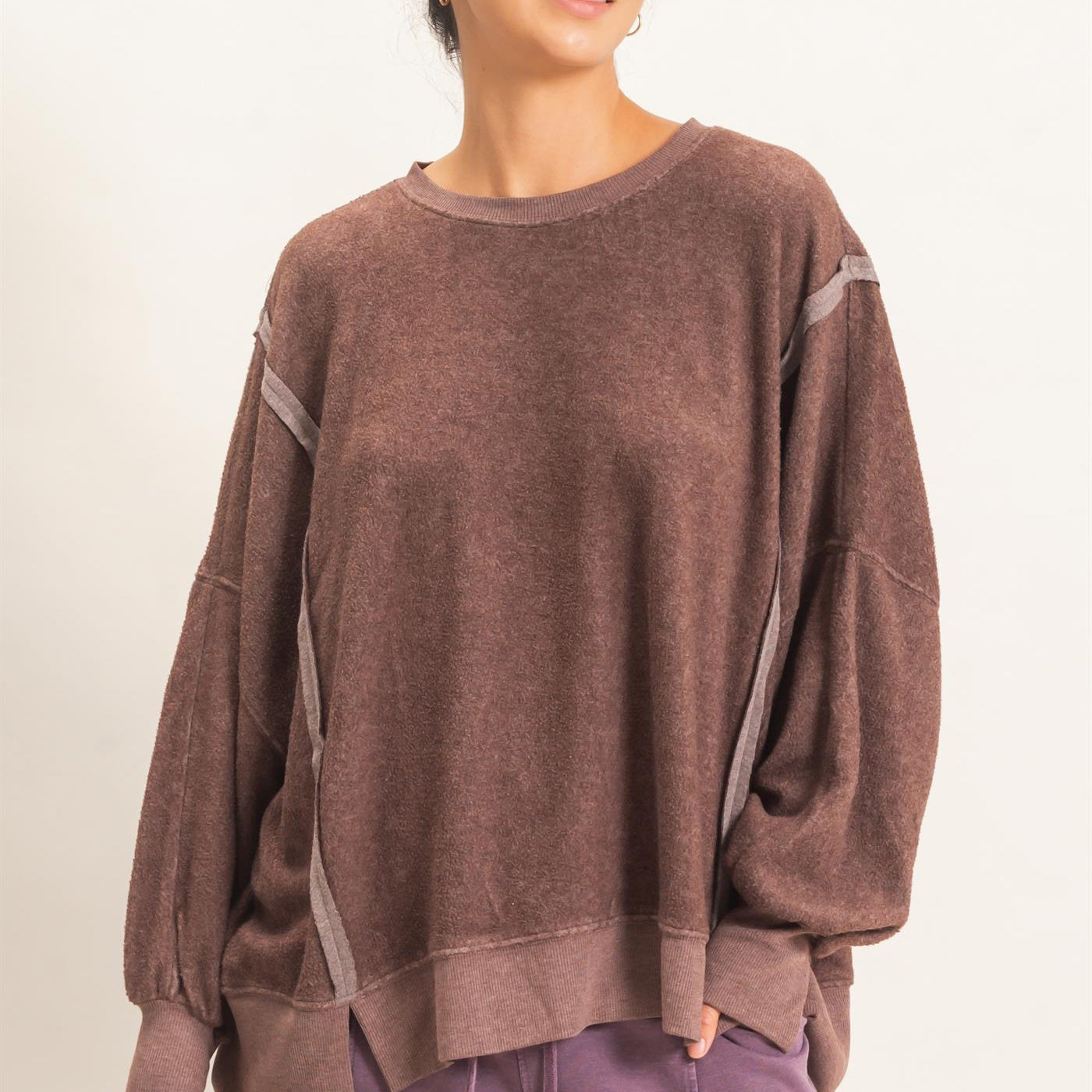 Wholesale Oversized Raw Edge Crew Neck Sweatshirt Sweatshirts DZ26E273 DARK BROWN DOUBLE ZERO