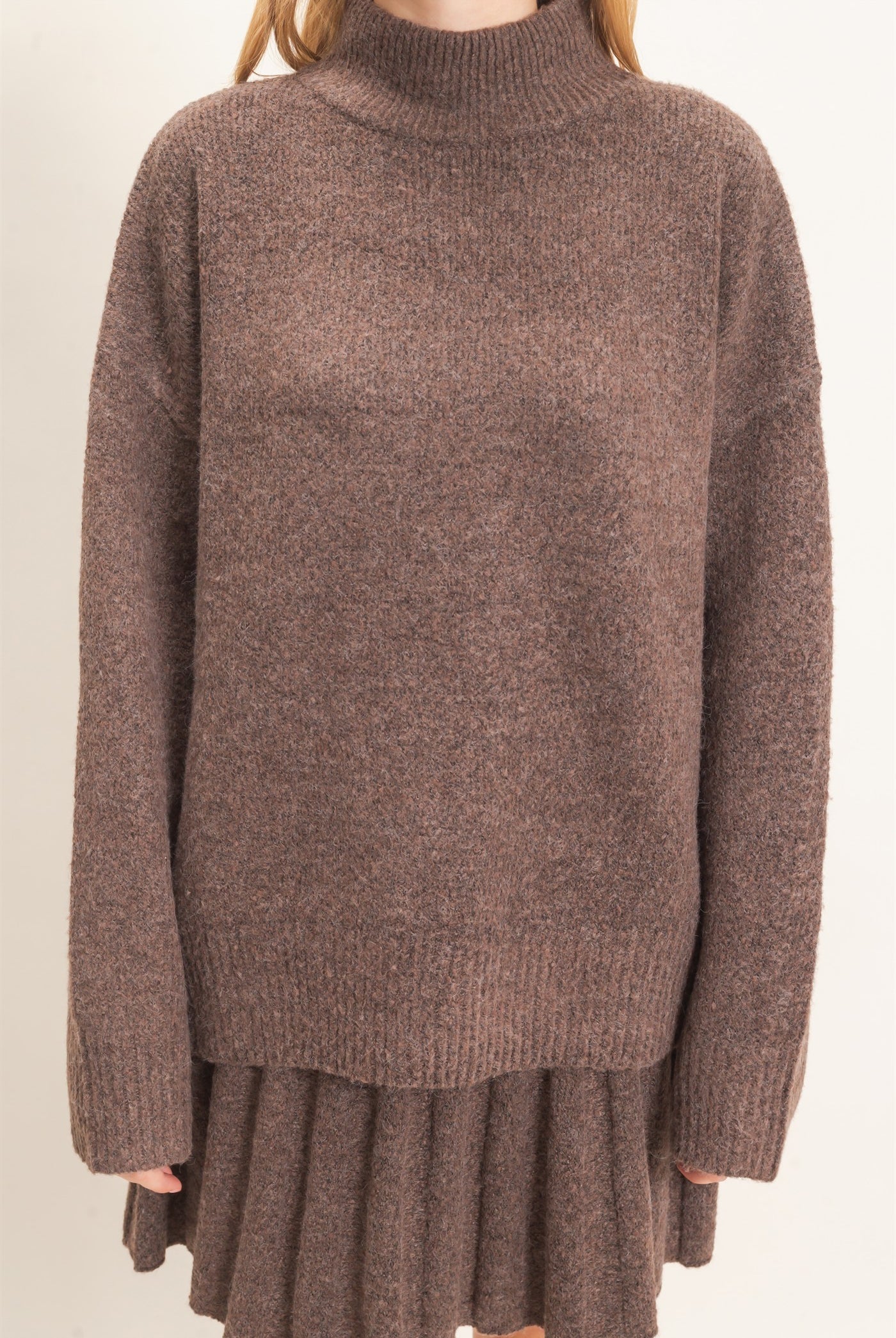 Wholesale Mock Neck Sweater And Pleated Skirt Set Clothing HF26F232-SET BROWN HYFVE