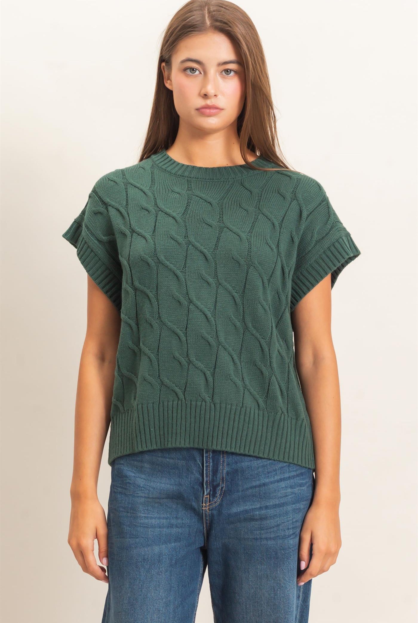 Wholesale Cable Knit Cap Sleeve Sweater Sweaters DZ26C974 DARK GREEN DOUBLE ZERO