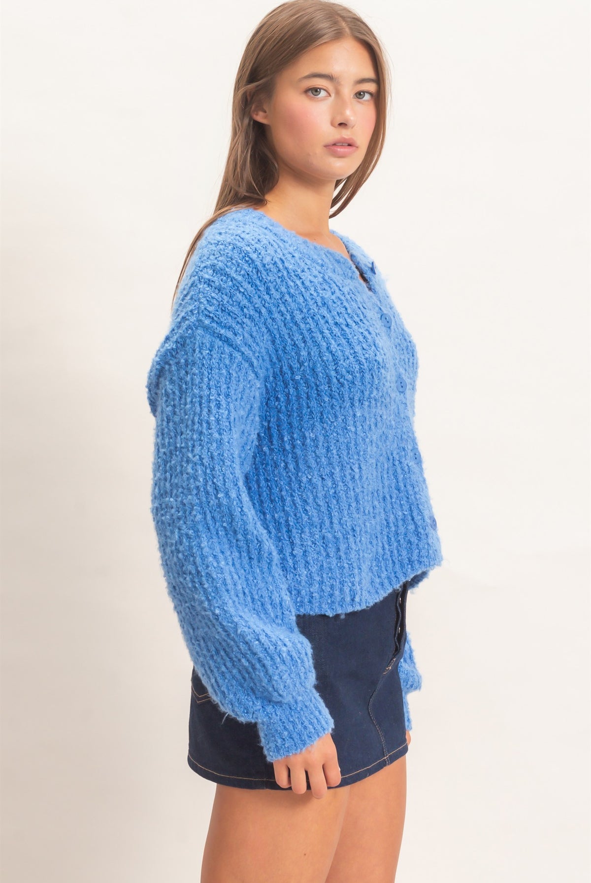 Wholesale Boucle Knit Button Front Cardigan Cardigans DZ26E270 BLUE DOUBLE ZERO