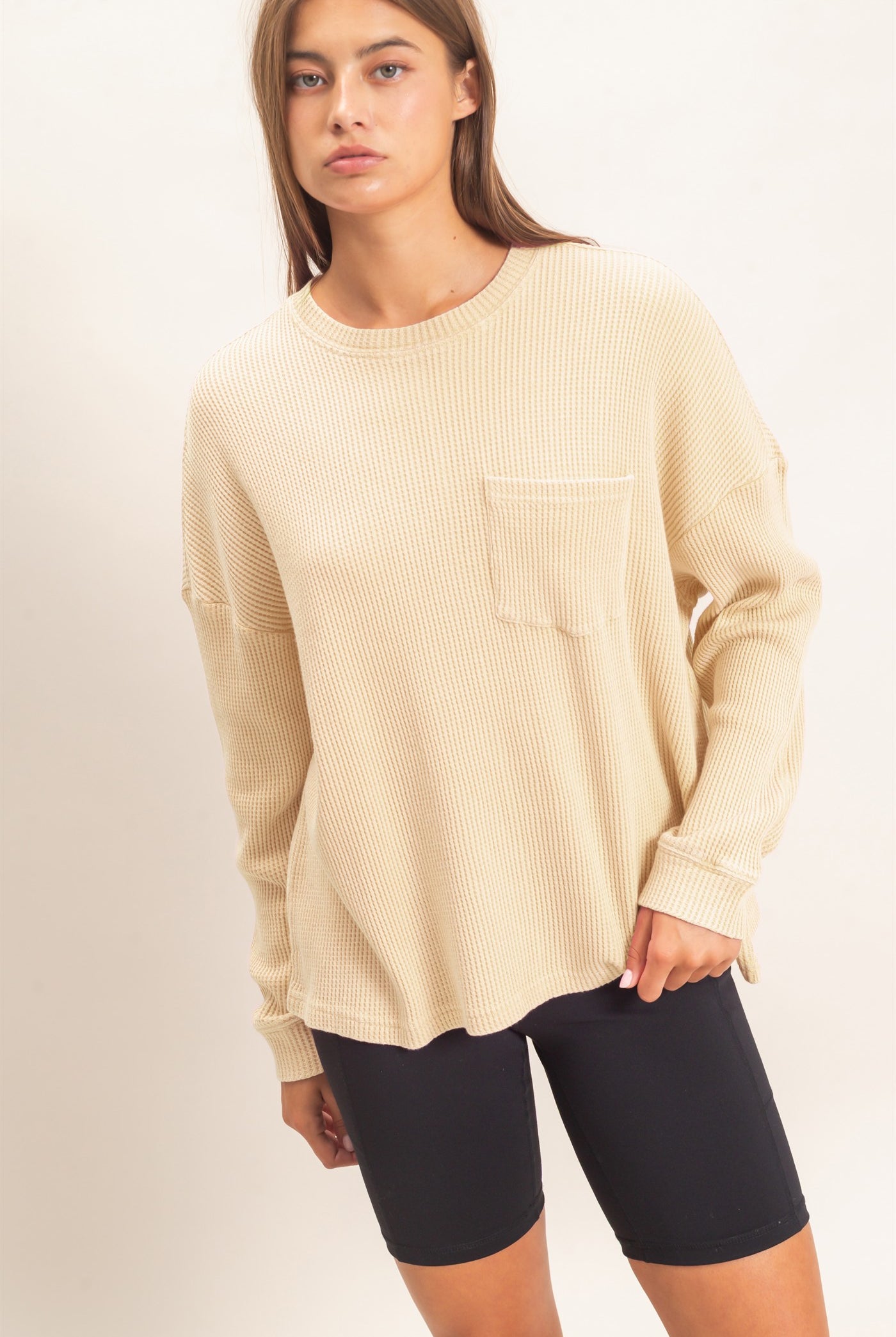 Wholesale Mineral Wash Waffle Long Sleeve Top Clothing Tops DZ26F242 ALPACA DOUBLE ZERO