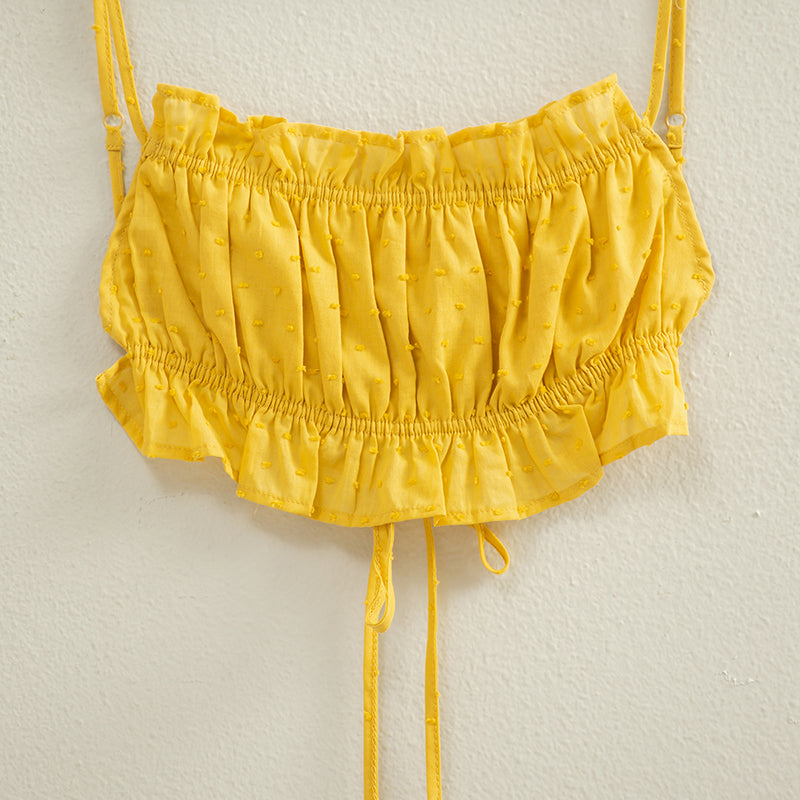 Wholesale Swiss Dot Bandeau Crop Top Clothing Tops HF22A413 MUSTARD HYFVE
