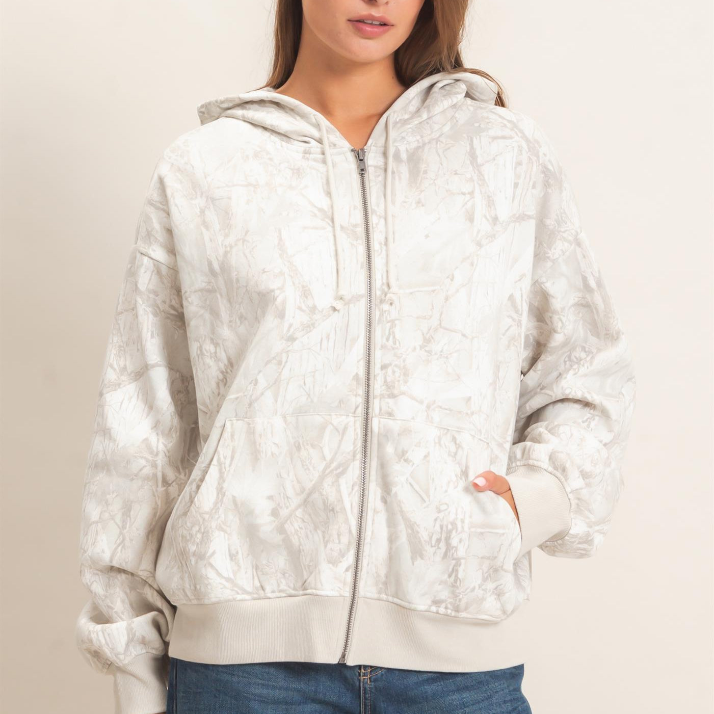 Wholesale Tree Camouflage Zip-Up Hoodie Outerwear DZ26E291 GRAY DOUBLE ZERO