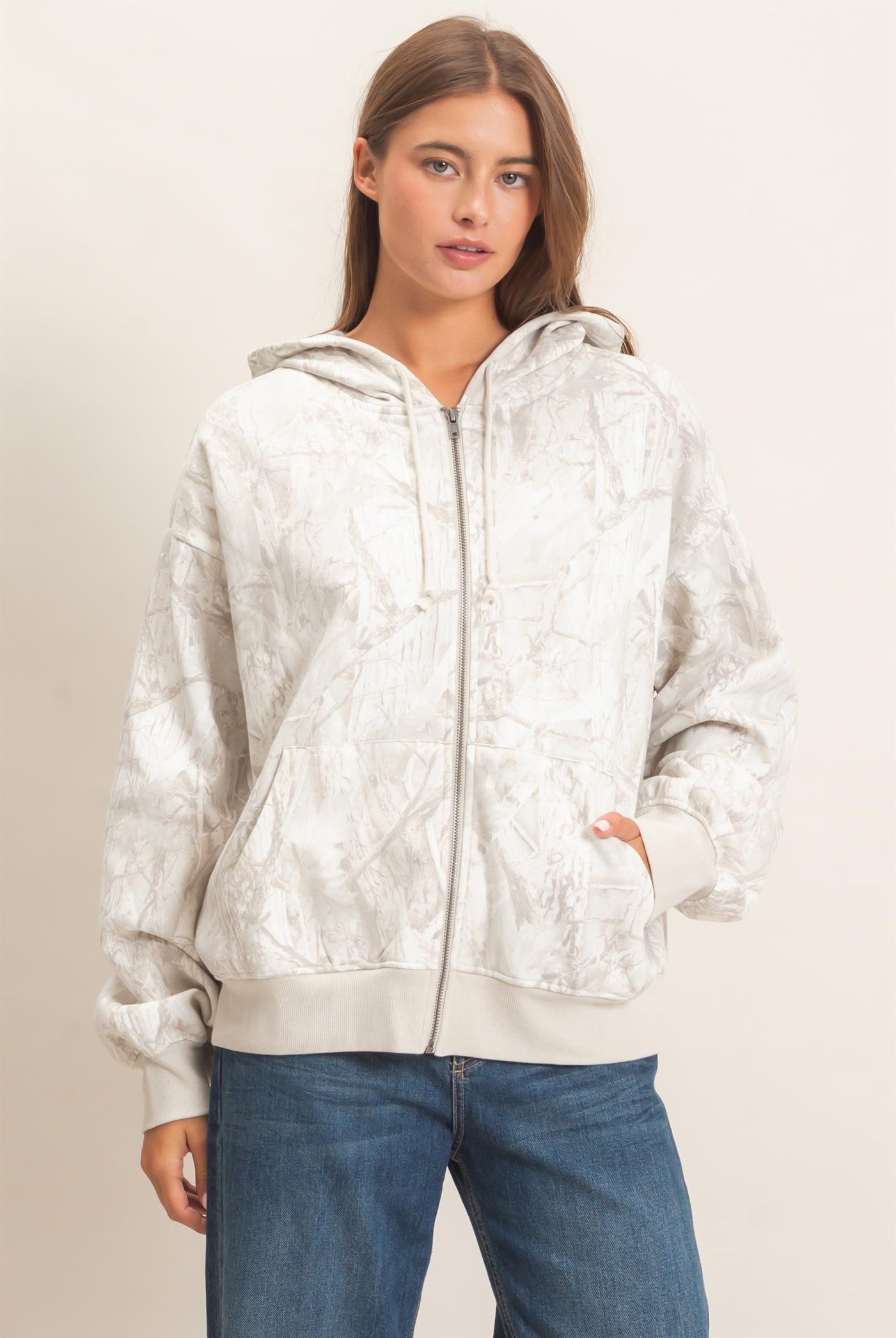 Wholesale Tree Camouflage Zip-Up Hoodie Outerwear DZ26E291 GRAY DOUBLE ZERO
