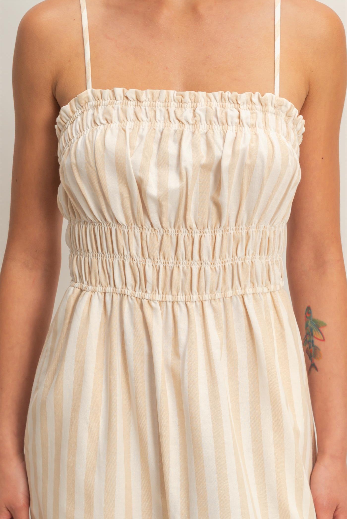 Wholesale Striped Spaghetti Strap Smocking Midi Dress Dresses DZ26C191 TAUPE DOUBLE ZERO