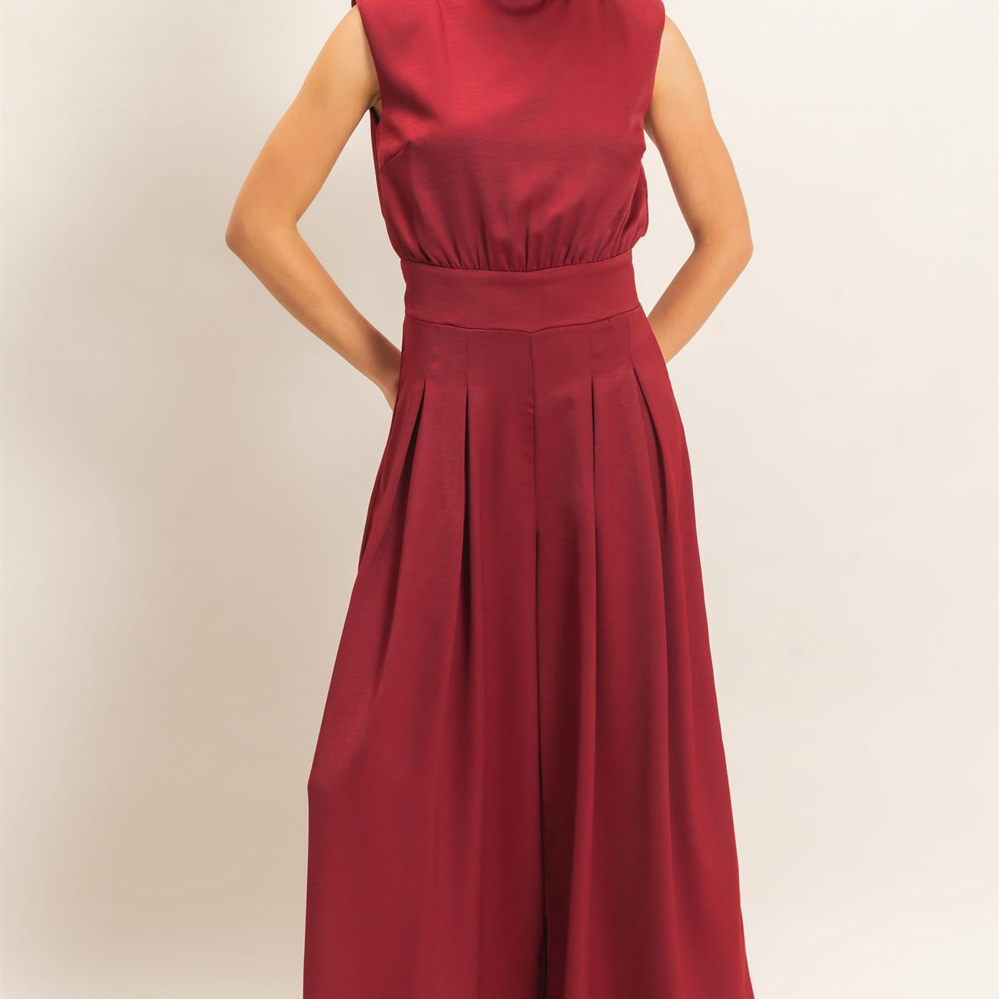 Wholesale Sleeveless Mock Neck Jumpsuit Clothing HF26F209-D WINE HYFVE