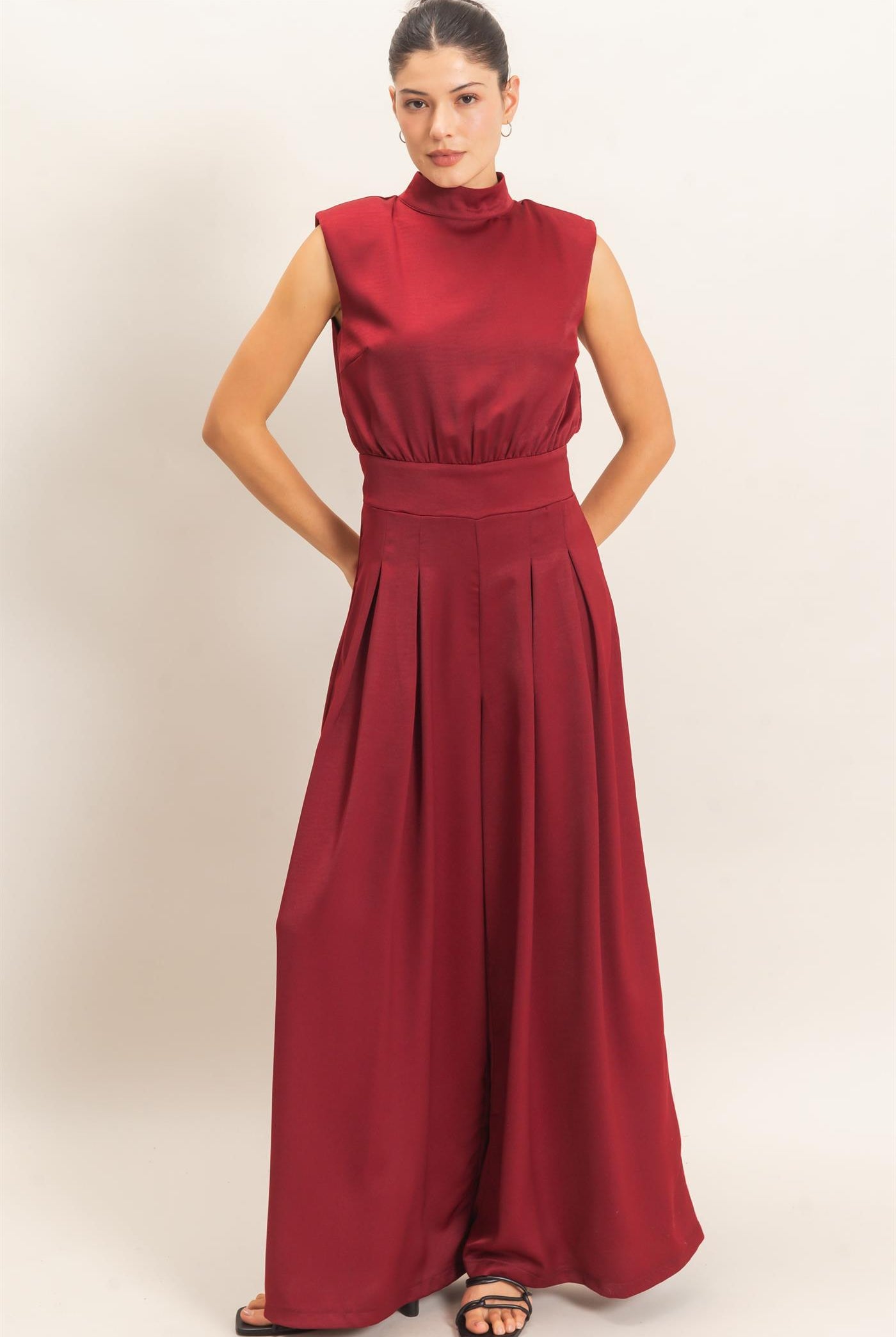 Wholesale Sleeveless Mock Neck Jumpsuit Clothing HF26F209-D WINE HYFVE