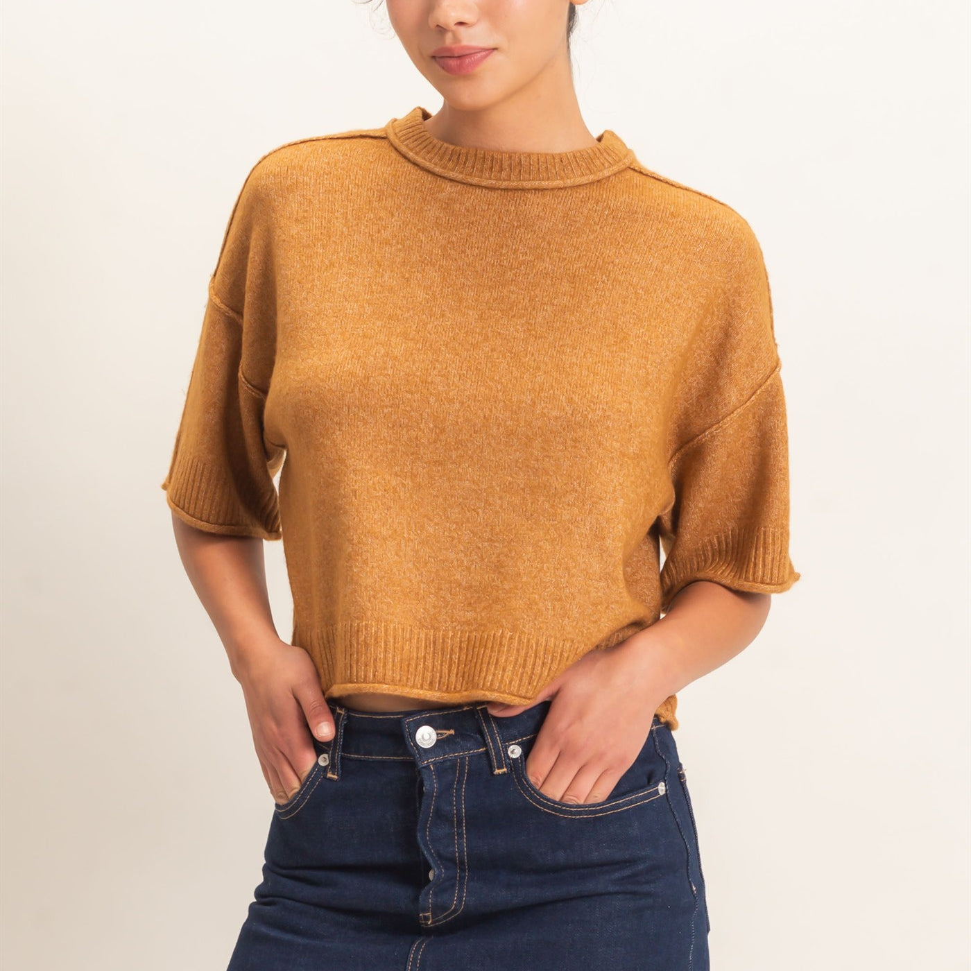 Wholesale Seam Detail Short Sleeve Knit Top Clothing Tops DZ26A827 CAMEL DOUBLE ZERO