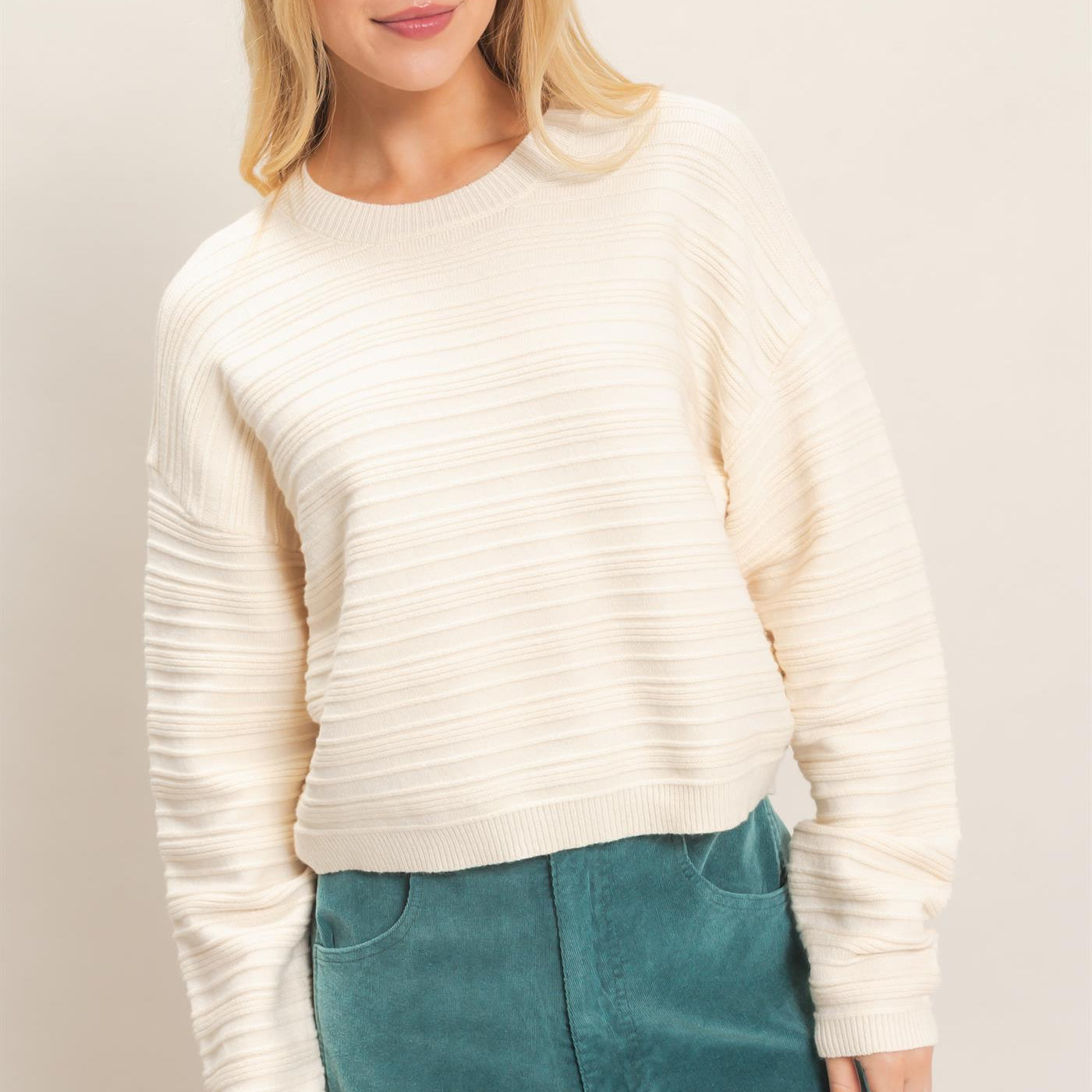 Wholesale Textured Crew Neck Sweater Sweaters HF26F196 CREAM HYFVE