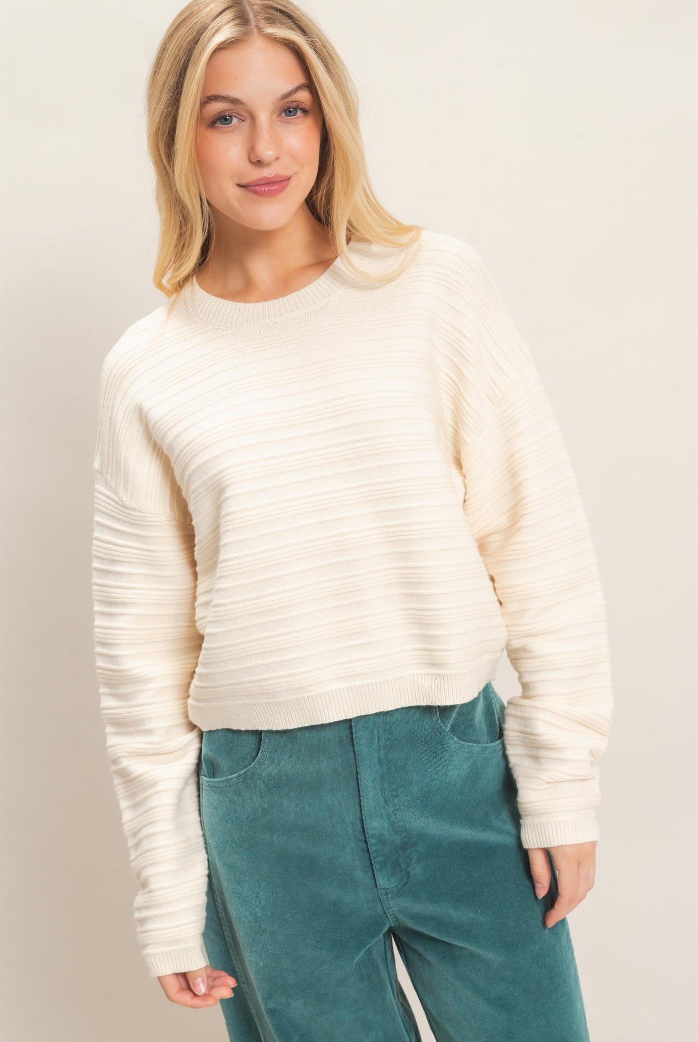 Wholesale Textured Crew Neck Sweater Sweaters HF26F196 CREAM HYFVE