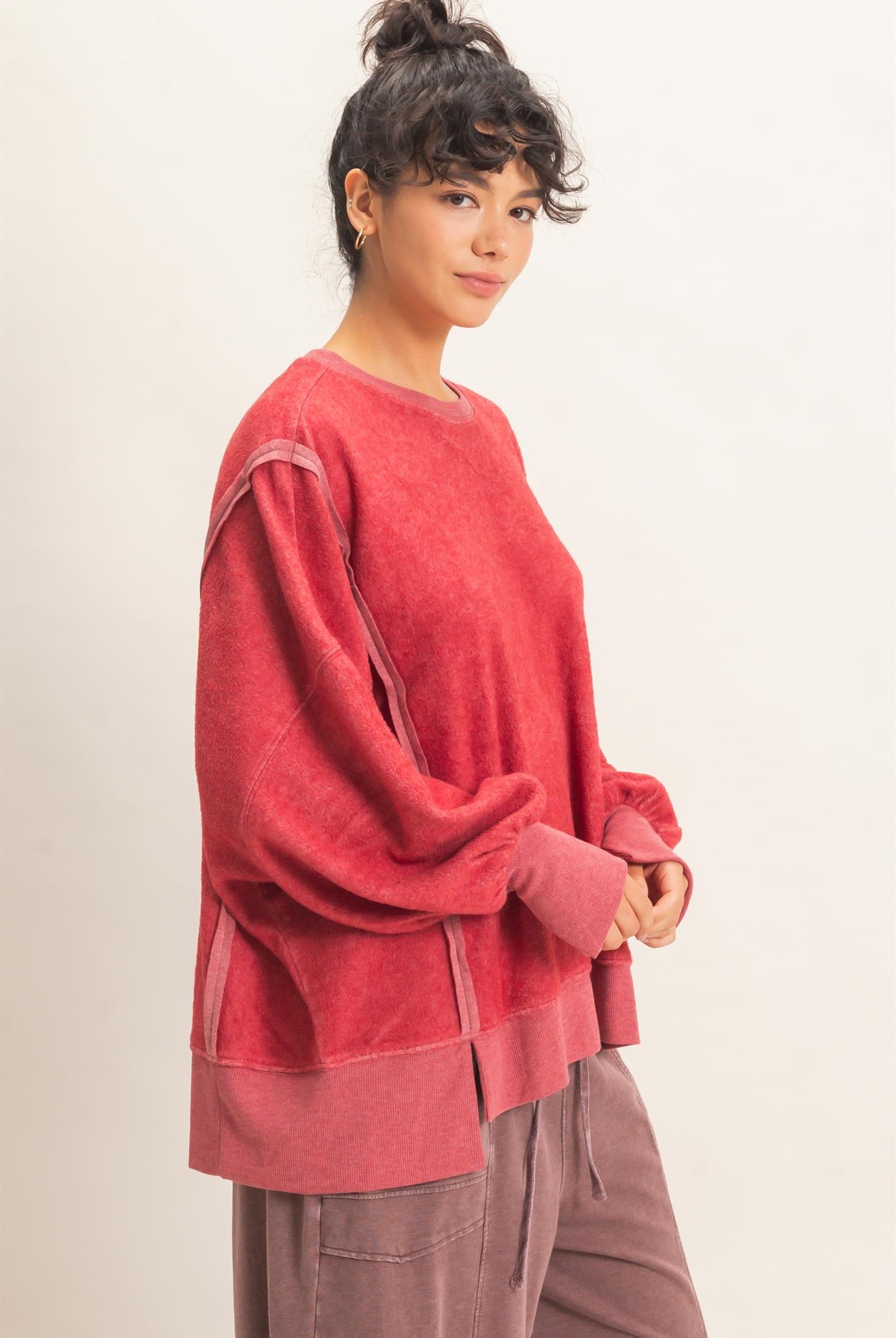 Wholesale Oversized Raw Edge Crew Neck Sweatshirt Sweatshirts DZ26E273 DARK RED DOUBLE ZERO