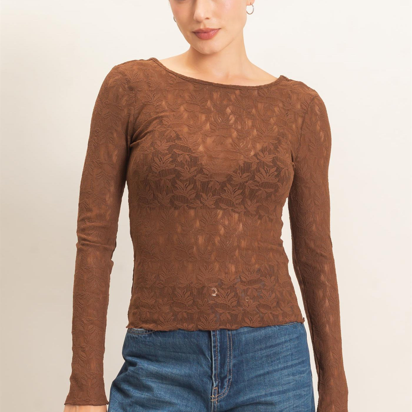 Wholesale Floral Lace Long Sleeve Top Clothing Tops HF26E309 BROWN HYFVE