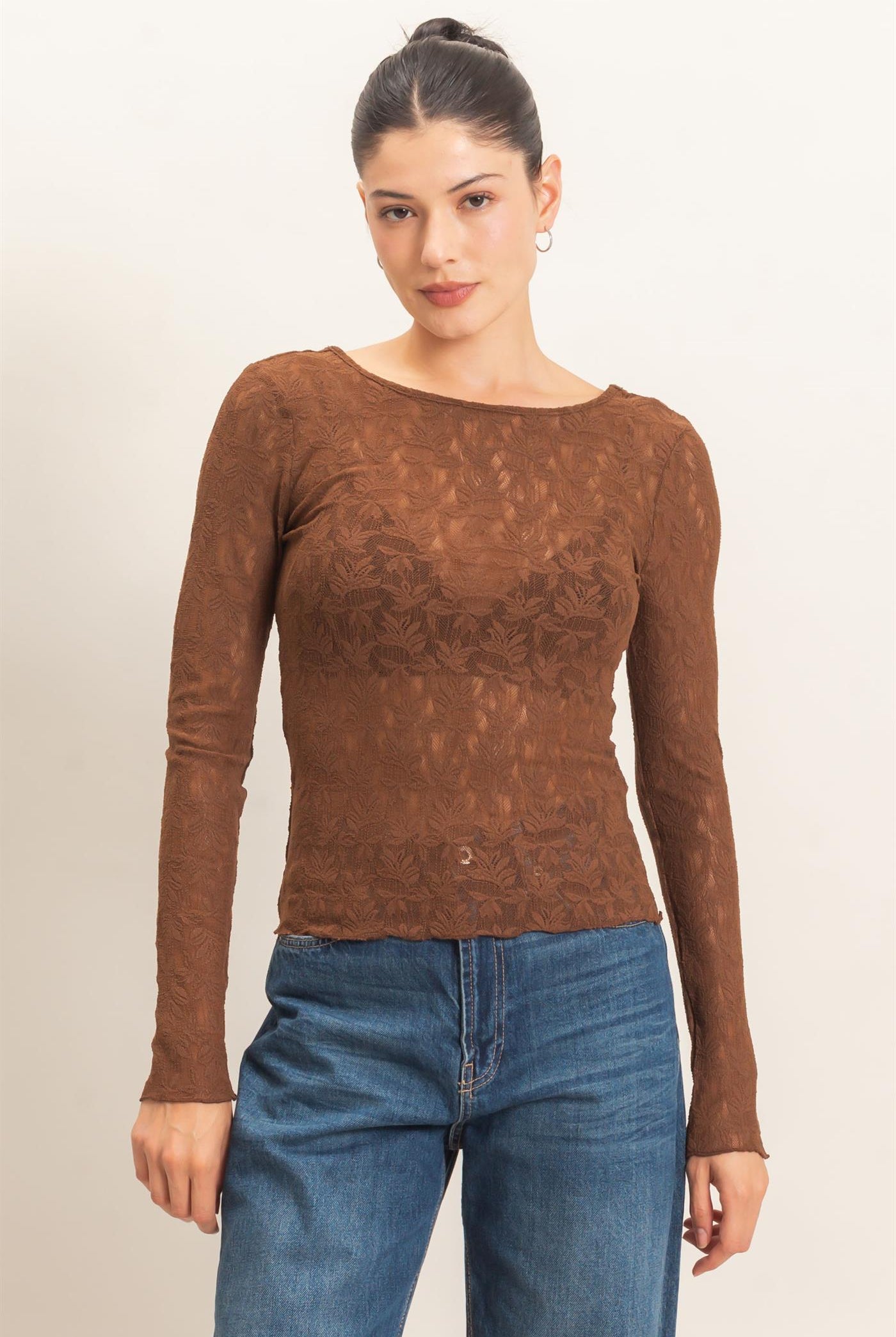 Wholesale Floral Lace Long Sleeve Top Clothing Tops HF26E309 BROWN HYFVE