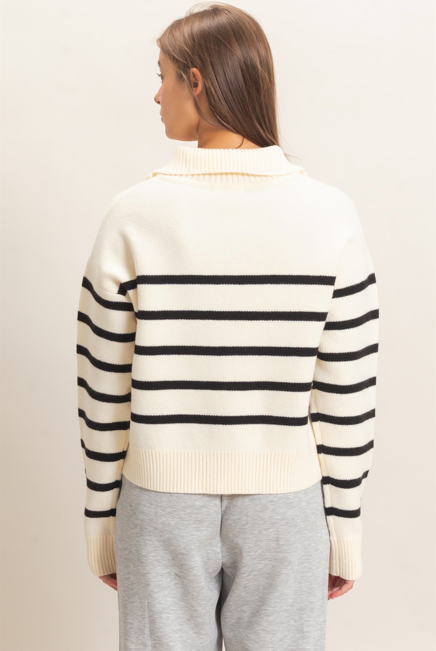 Wholesale Half-Zip Collared Stripe Sweater Sweaters DZ26E950 CREAM DOUBLE ZERO