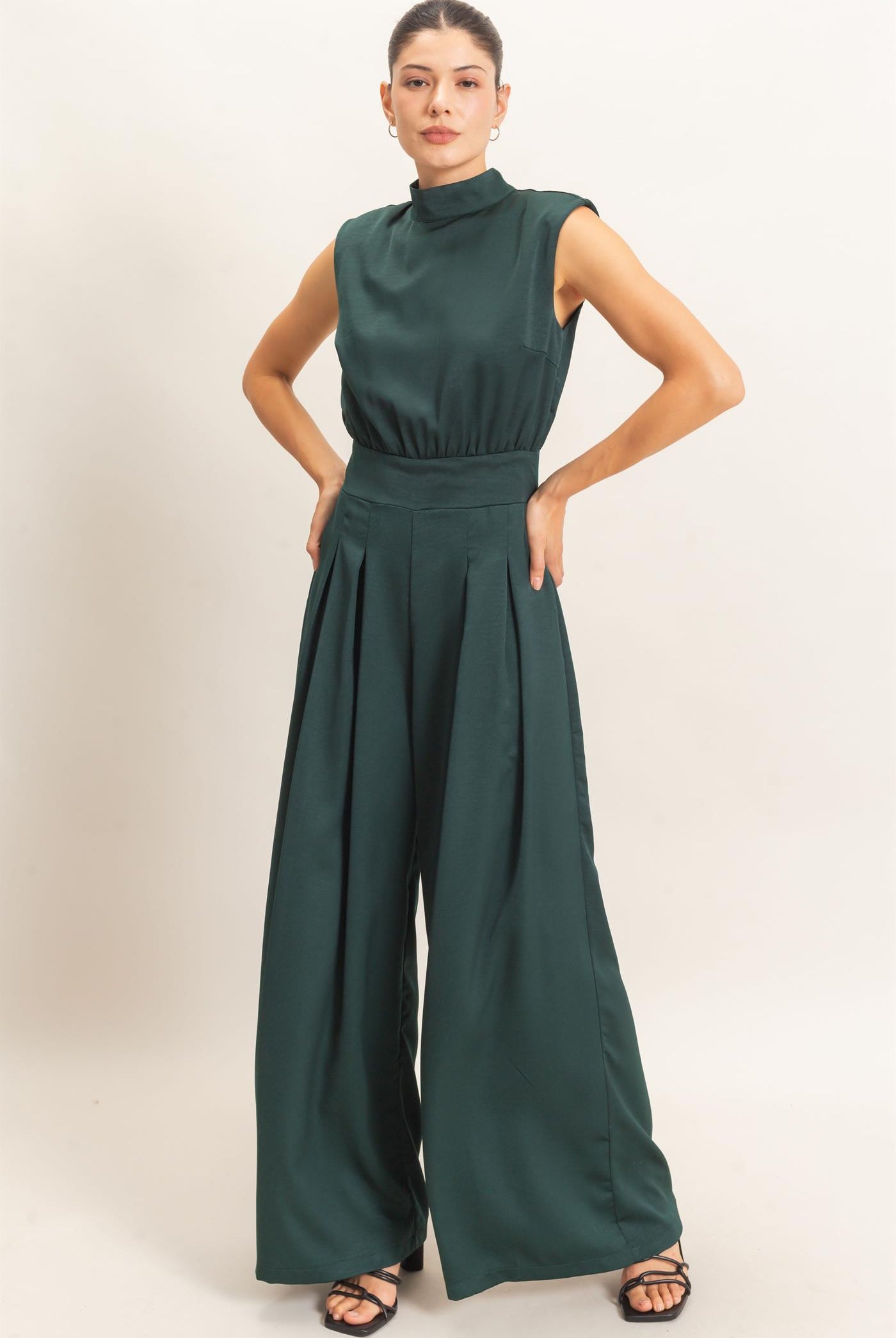 Wholesale Sleeveless Mock Neck Jumpsuit Clothing HF26F209-D D.GREEN HYFVE