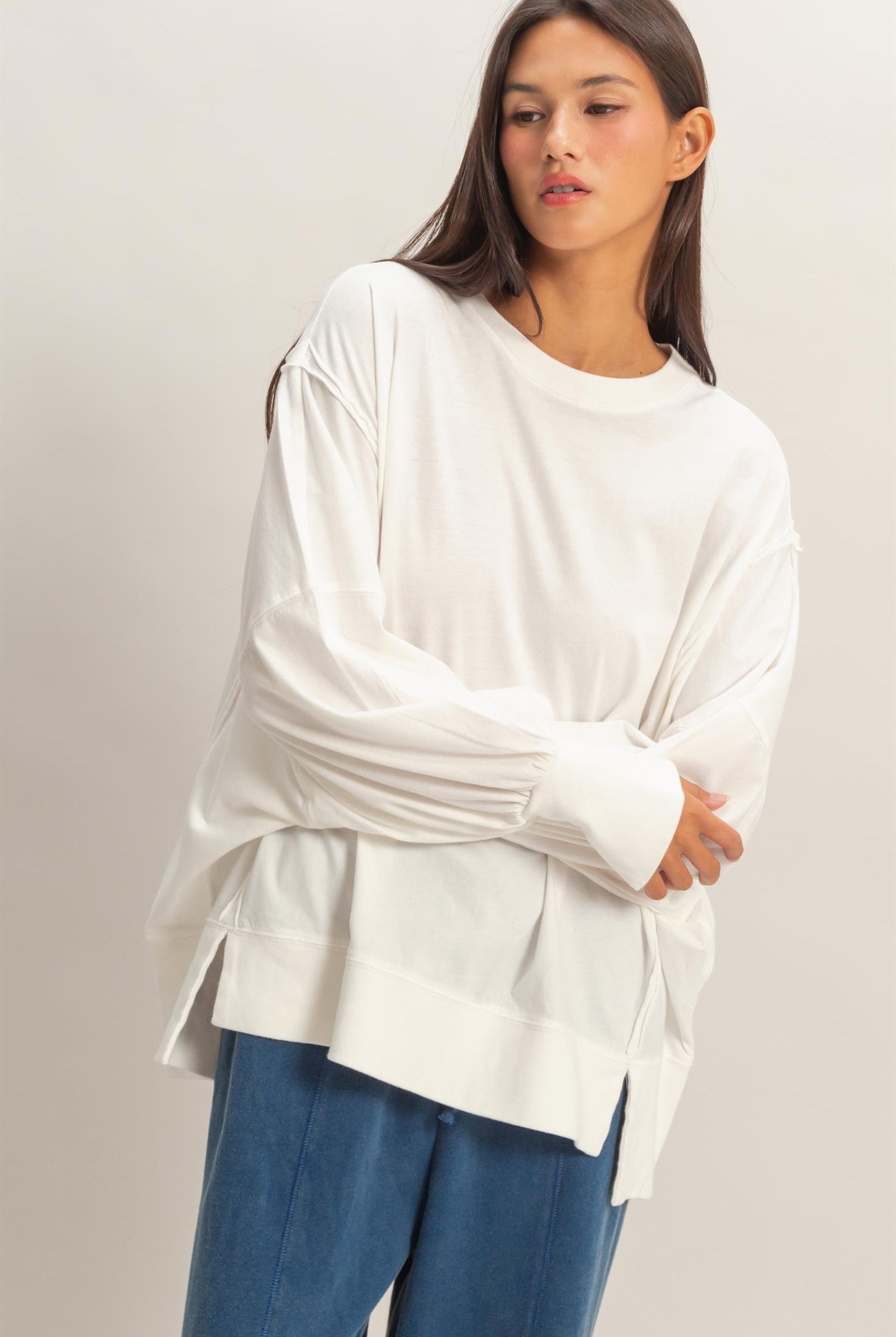 Wholesale Oversized Seam Detail Long Sleeve Top Sweatshirts DZ26C774 WHITE DOUBLE ZERO