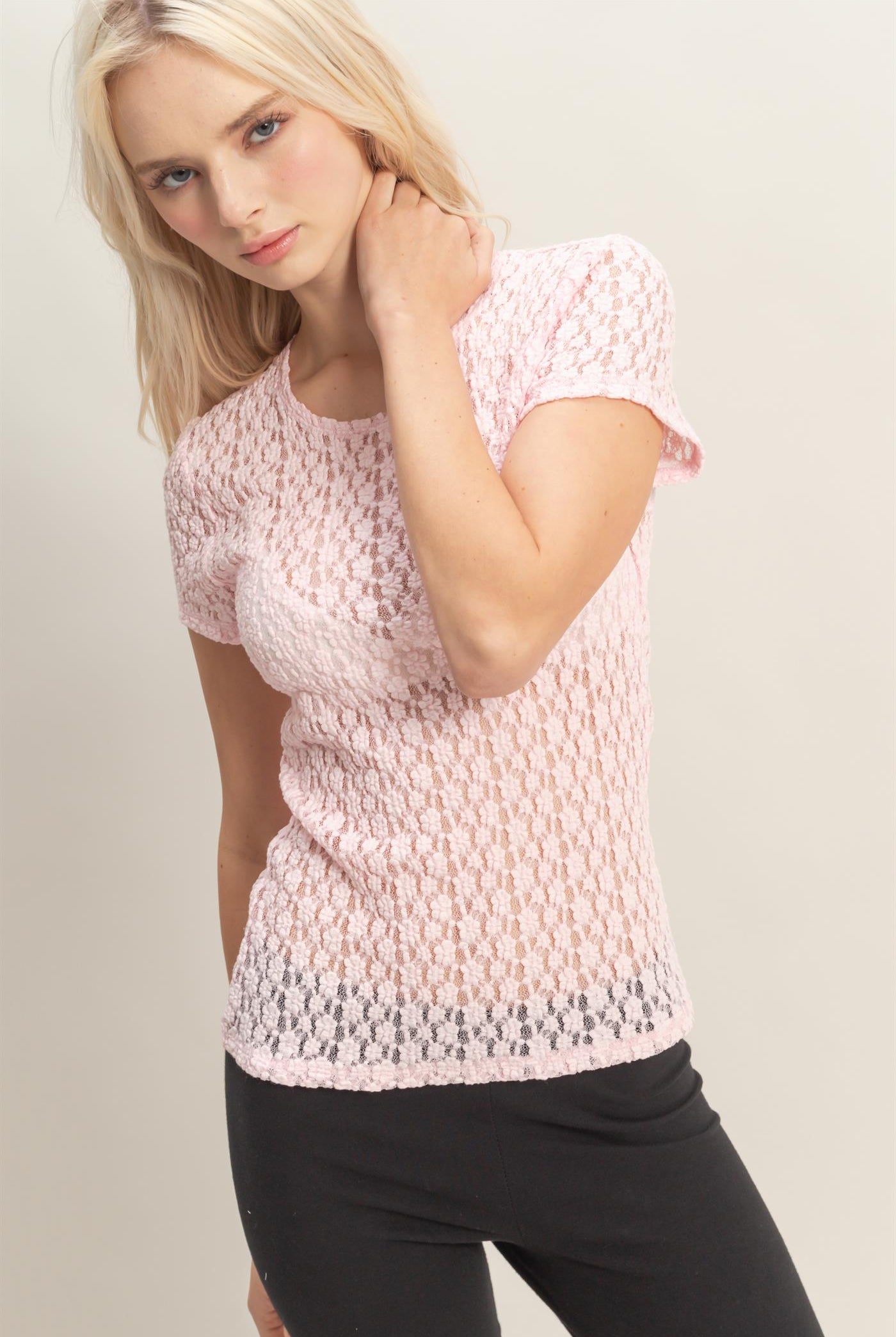 Wholesale Textured Lace Short Sleeve Top Clothing Tops DZ26C394 SOFT PINK DOUBLE ZERO