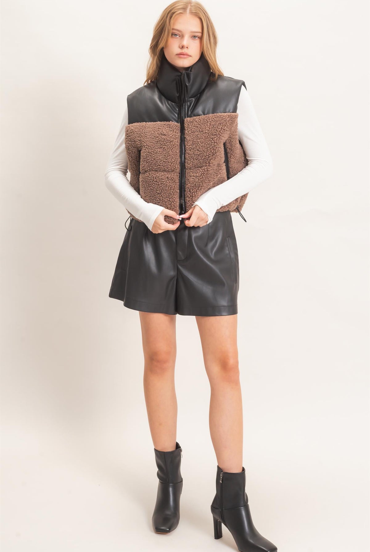 Wholesale Faux Fur & Pu Padded Vest Outerwear HF26F204 MOCHA HYFVE