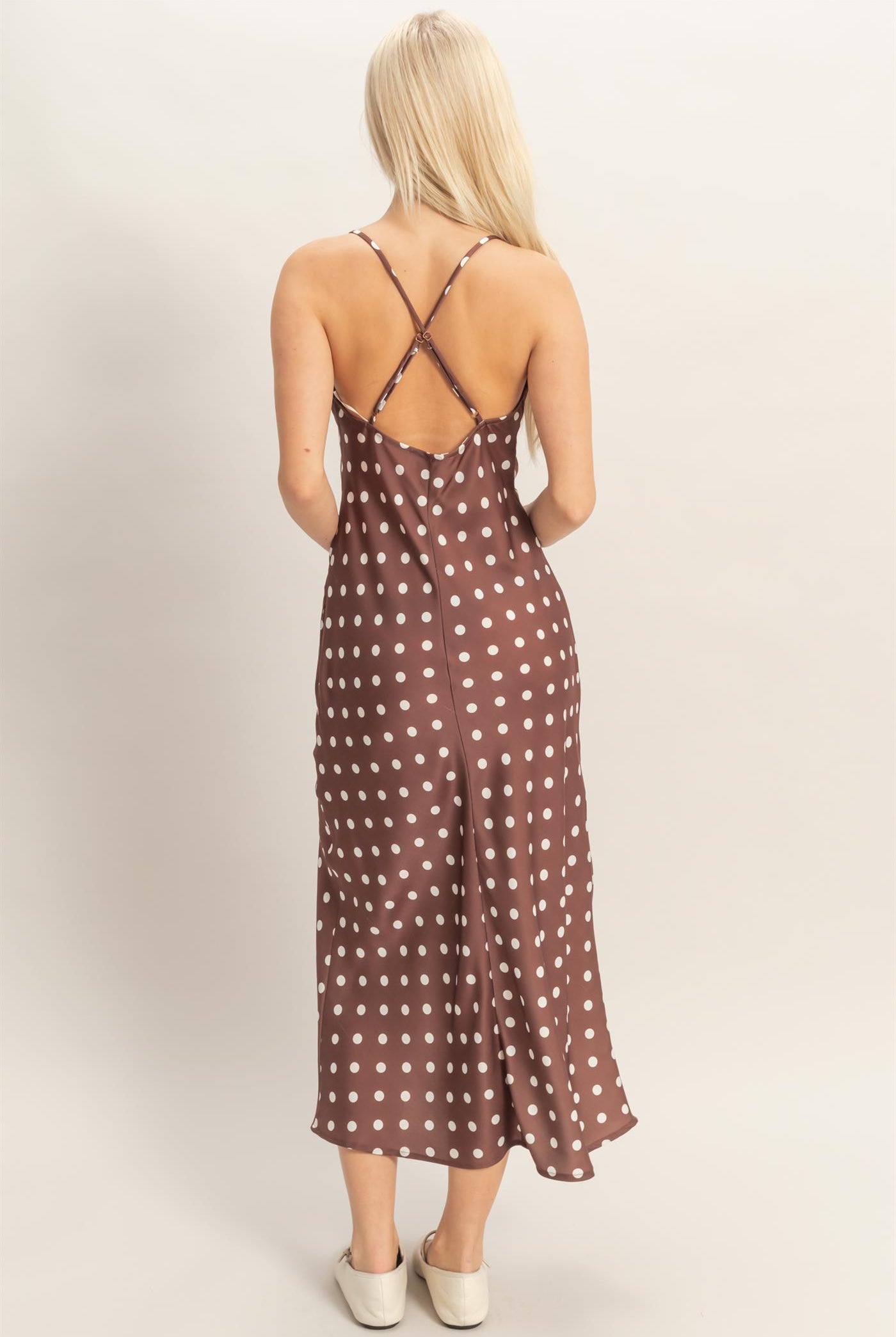 Wholesale Polka Dot Spaghetti Strap Cowl Neck Midi Dress Dresses DZ26C049 CHOCOLATE DOUBLE ZERO