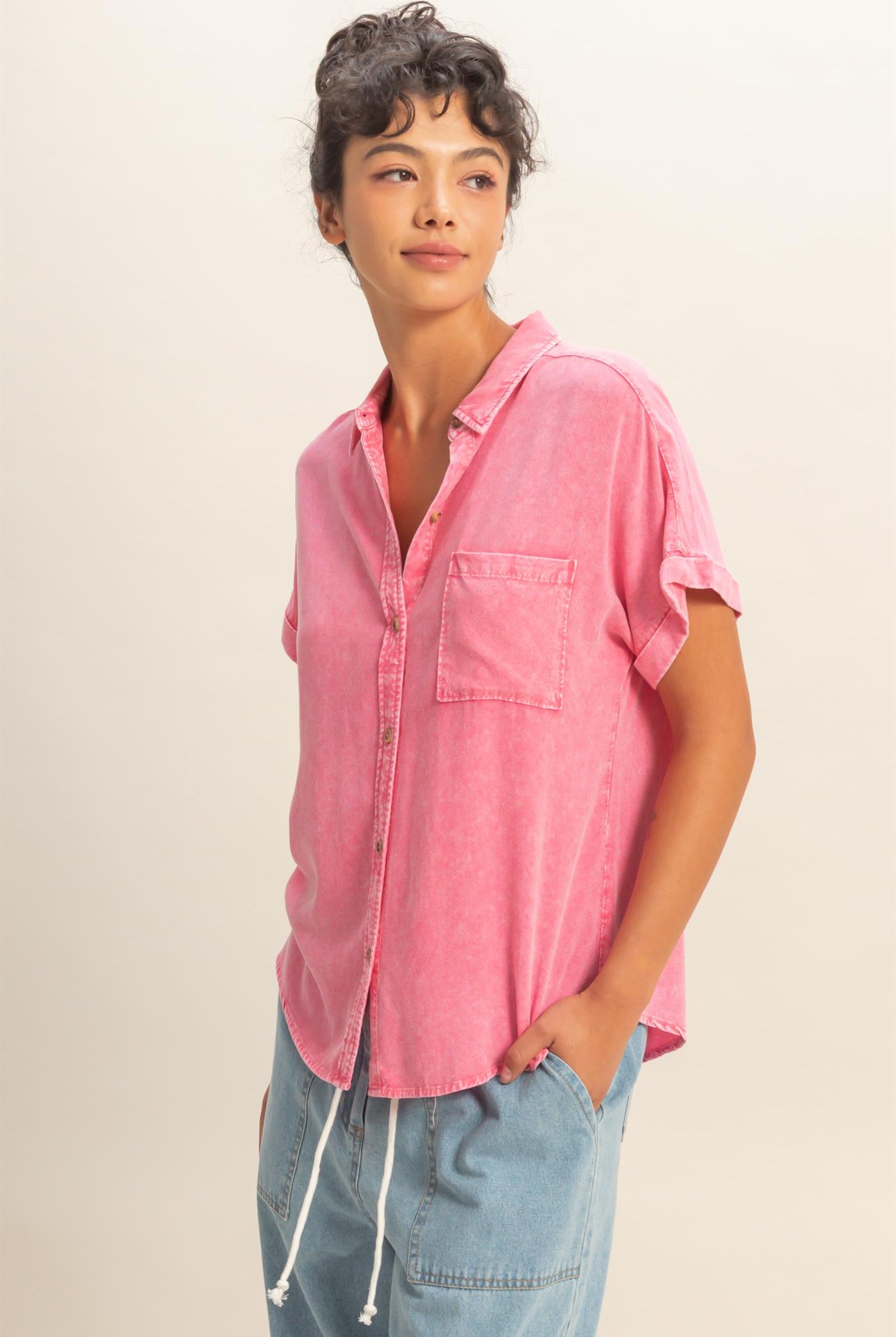 Wholesale Mineral Wash Button-Up Dolman Sleeve Shirt Shirts DZ26C132 TAFFY PINK DOUBLE ZERO