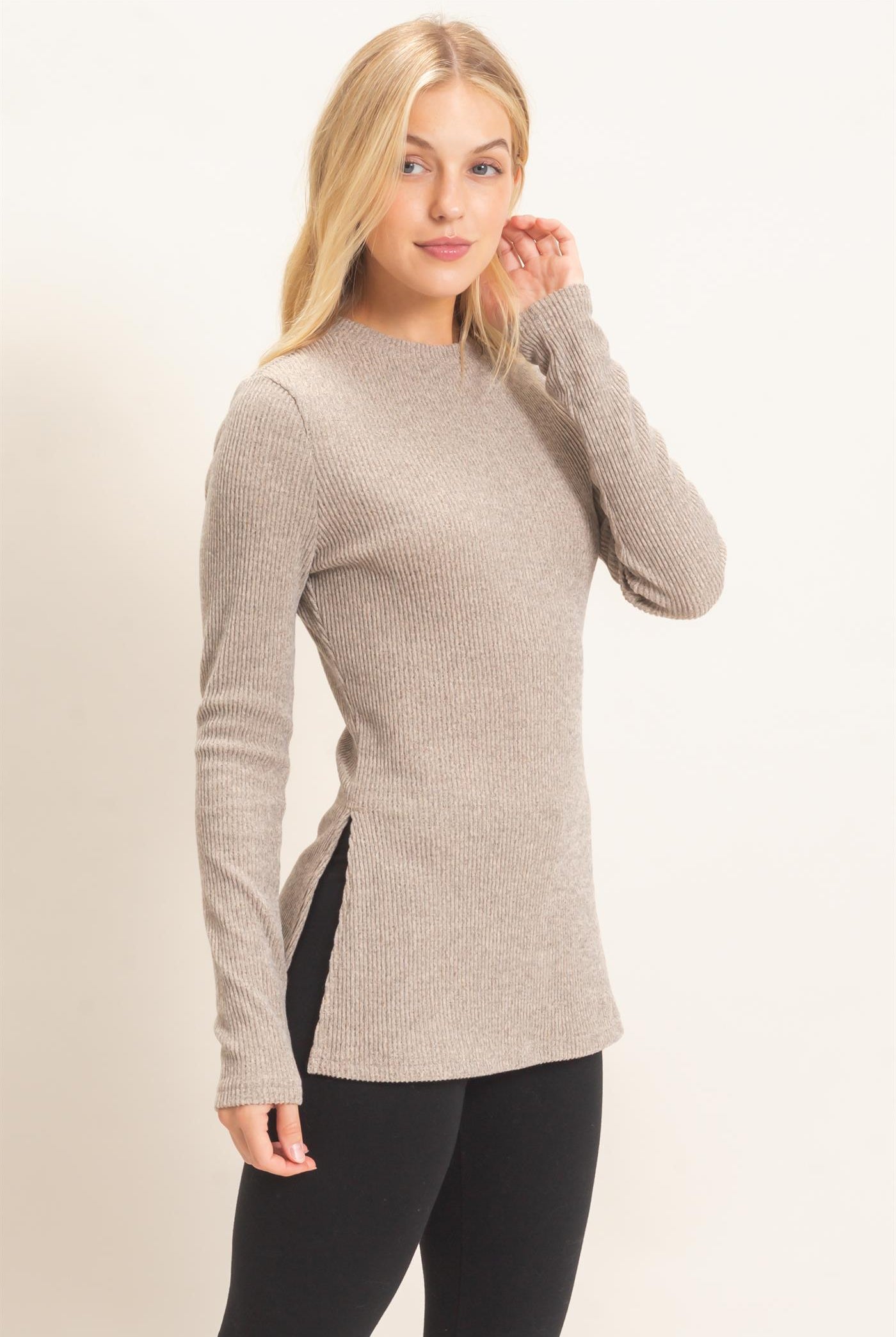 Wholesale Ribbed Crew Neck Sweater Clothing Tops HF26F034 BEIGE HYFVE