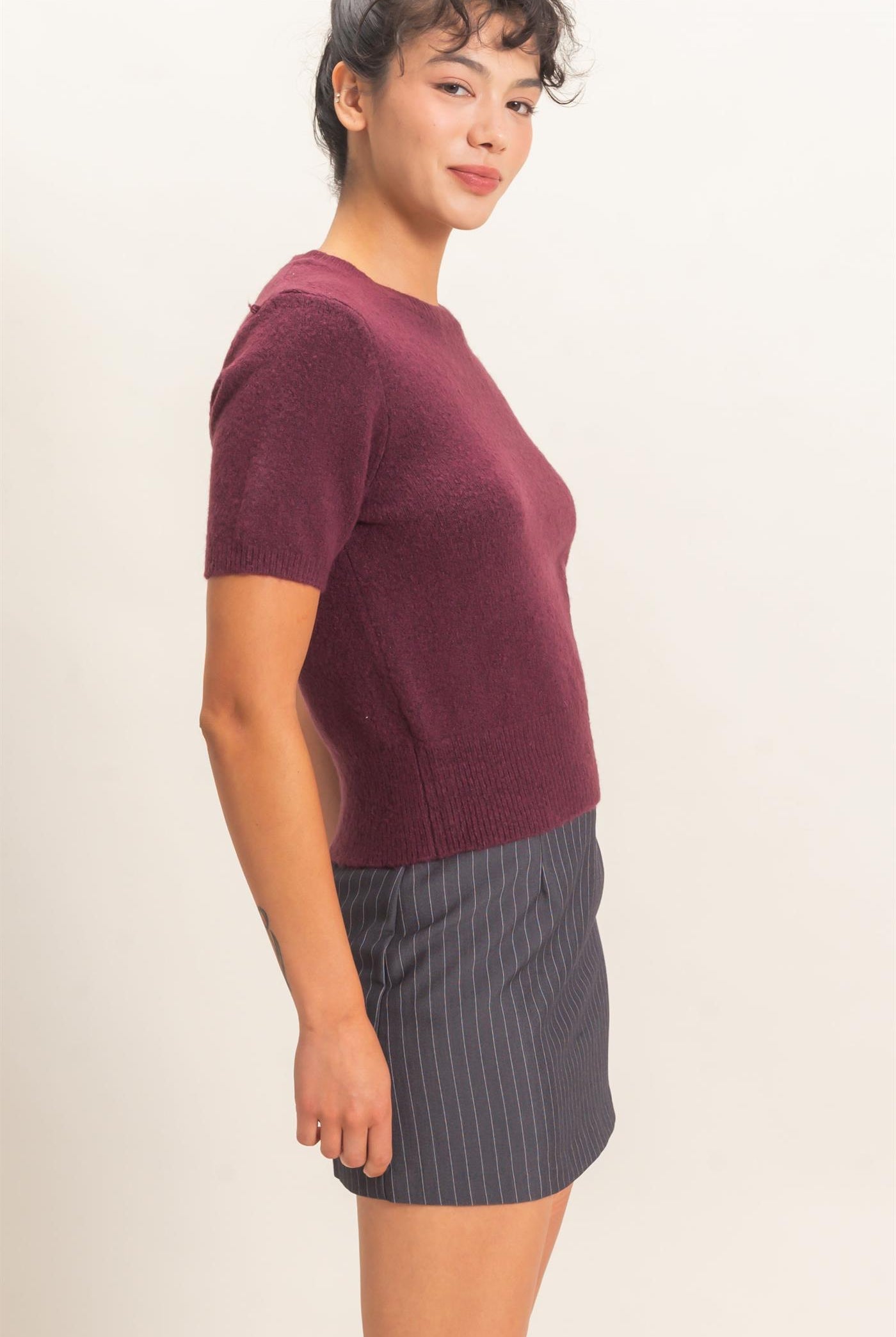 Wholesale Crew Neck Short Sleeve Knit Top Clothing Tops DZ26E944 DARK CHERRY DOUBLE ZERO